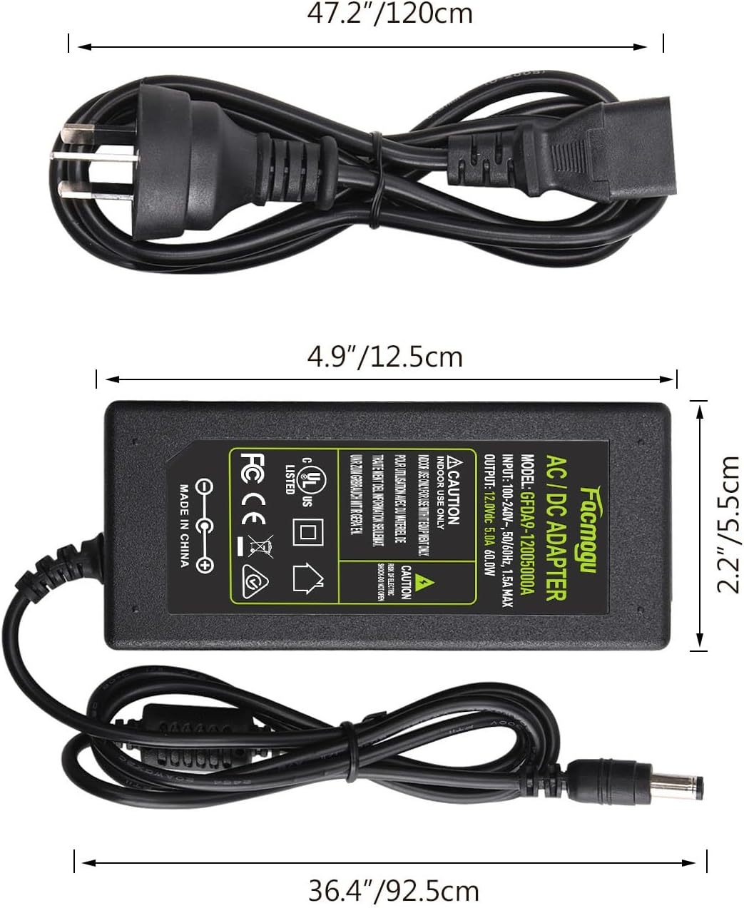 Facmogu AC to DC 12V Power Adapter, AC 100V-240V to DC 12V 5A 60W Power Supply, AU Plug 5.5X2.5Mm & 5.5X2.1Mm, 2.1M/ 6.9Ft Long Cable Switching Transformer Converter for LED Strip Light Cameras CCTV image number 6