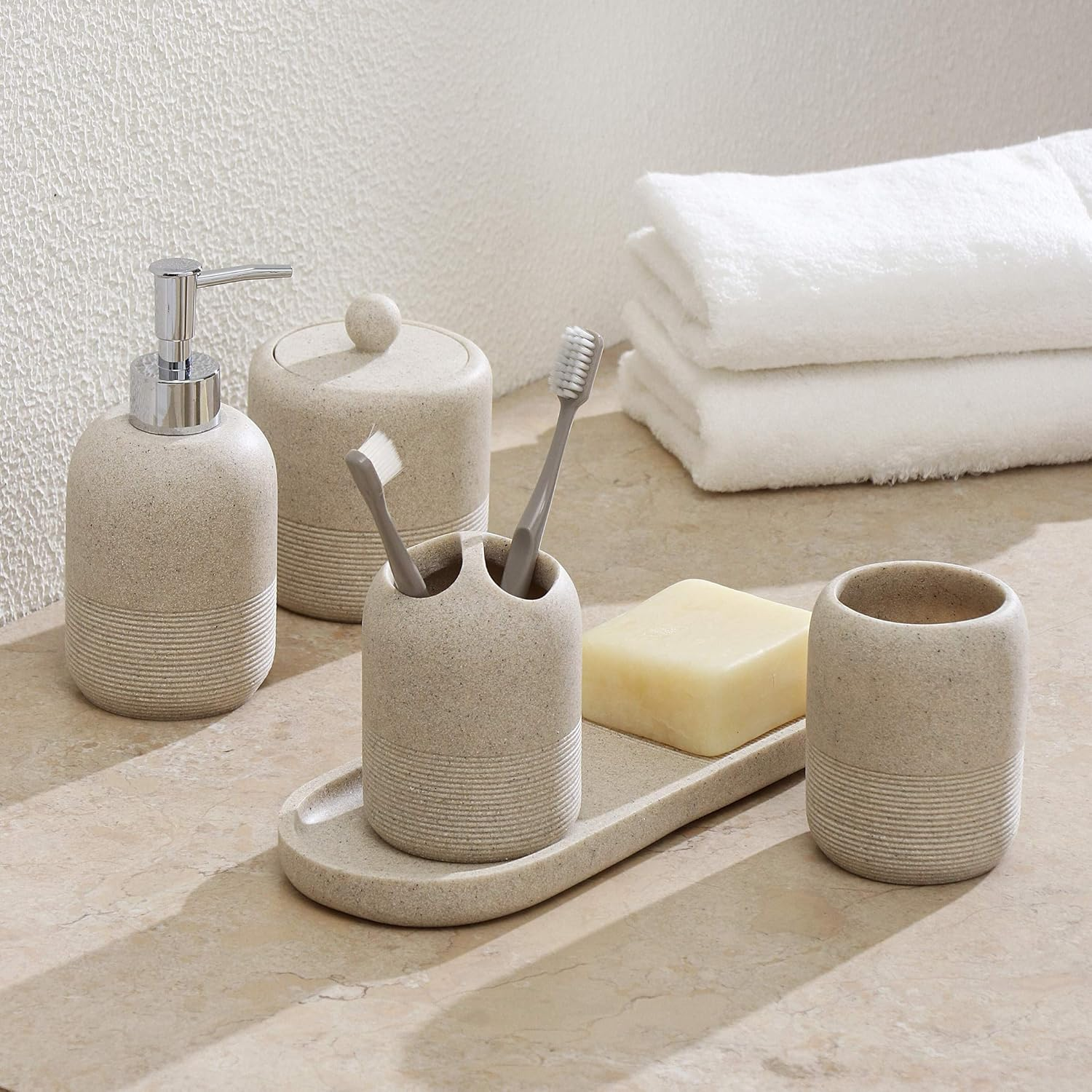 5-Pieces Bathroom Accessory Set Hight Quality Polyresin Ensemble-Lotion Dispenser/Toothbrush Holder/Cotton Jar/Tray/Tumbler Cup, Beige