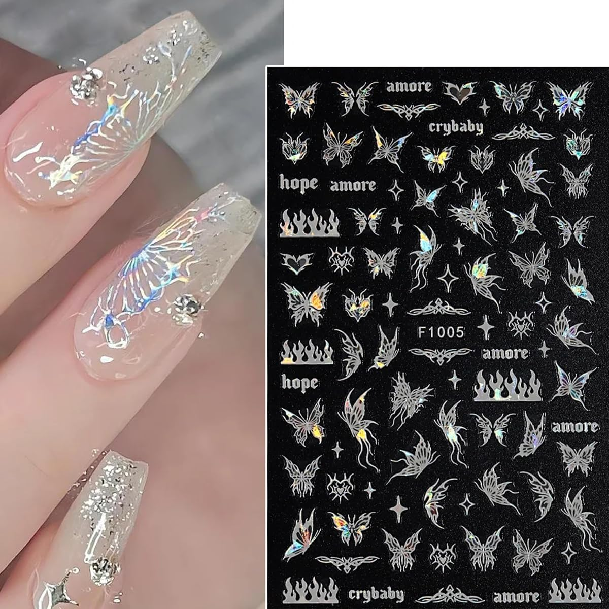 8 Sheet Black White Butterfly Nail Art Stickers 3D Butterflies Nail Decals for Women 3D Holographic Laser Butterfly Sparkly for Nail Designs Butterfly French Glitter DIY Nail Charm Manicure Decoration image number 1