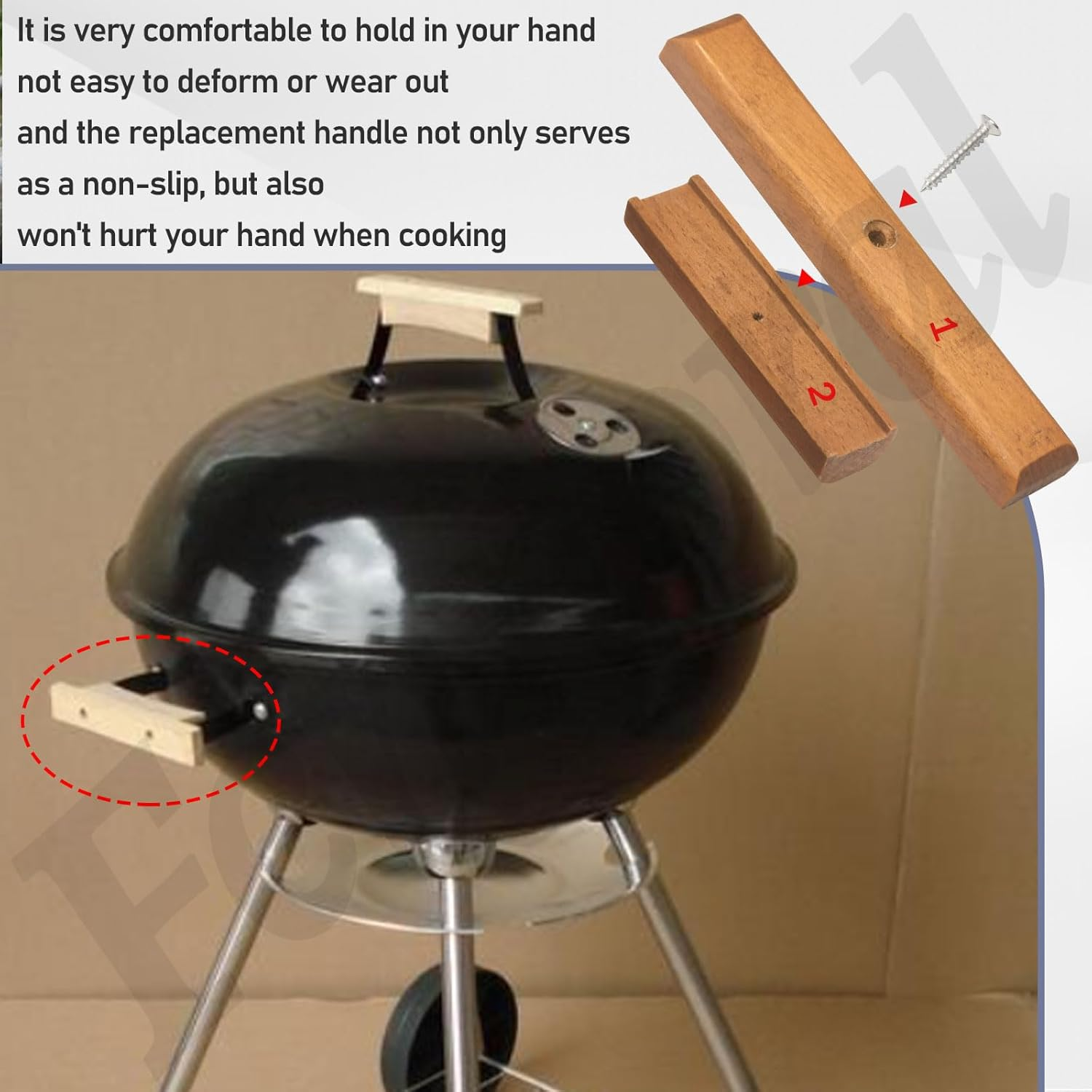 3Pack Cherry Wood Replacement Handle for 22.5" & 18.5" One Touch Grills Compatible with Weber Charcoal Grill Including Mounting Screws image number 6