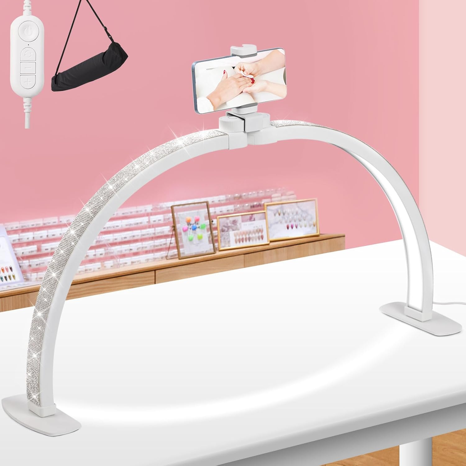 JIUYONG Upgraded Half Moon Light with Phone Holder, 29In Foldable Half Moon Light for Nail Desk, Nail Table Lamp with Stepless Dimming & Color Temperature (Large-29In) image number 4