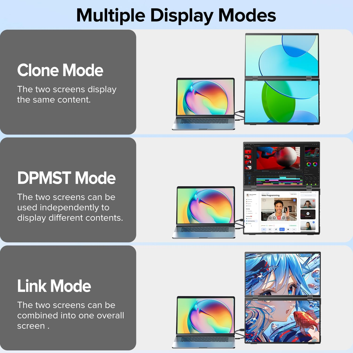 EVICIV 15.6" Dual Portable Monitor for Laptop, 1080P HDR Stacked Display, 360&deg; Folding, Plug & Play, Vertical Screen Extender with Adjustable Stand for Pc/Phone/Game Console (No Driver Needed) image number 6