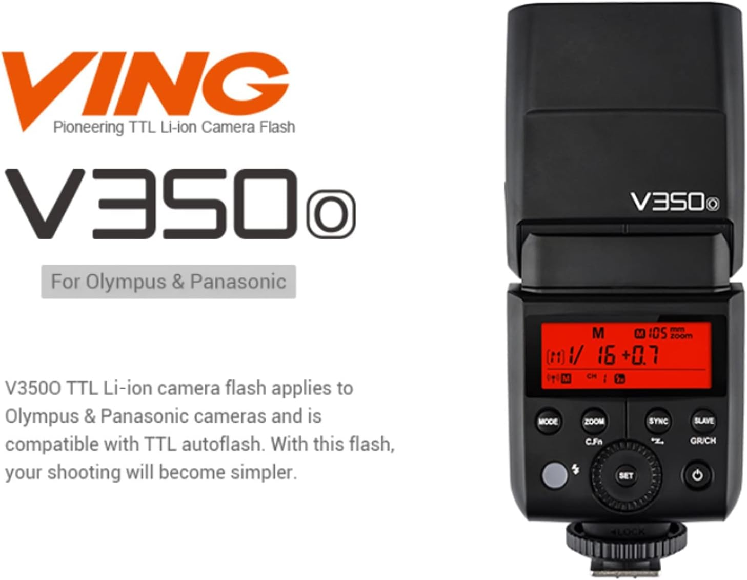 Godox V350O TTL Flash for Olympus Panasonic GN36 1/8000S HSS Camera Flash W/ 2000Mah Battery 500 Times Full Power Flash 0.1S-1.7S Recycle Time for Olympus Panasonic Camera (V350-O) image number 6