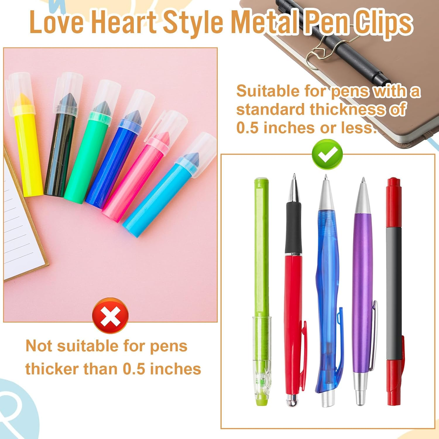 IANFAN 12 Pcs Metal Pen Clips for Notebook, 2.8 Inch Paper Clip Pen Holder for Notebooks Papers Planner Jumbo Office Supplies, Gold/Red/Silver Heart Shape image number 6