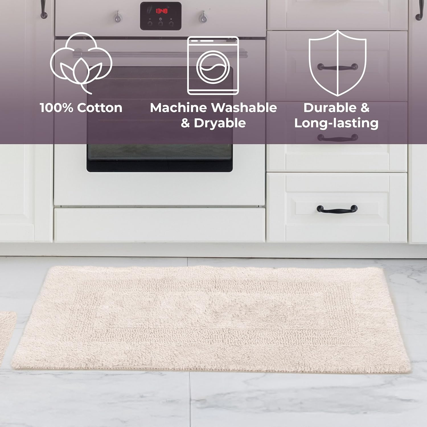 Lavish Home Cotton Bath Mat Set- 2 Piece 100 Percent Cotton Mats- Reversible, Soft, Absorbent and Machine Washable Bathroom Rugs by (Ivory) - Brown image number 5