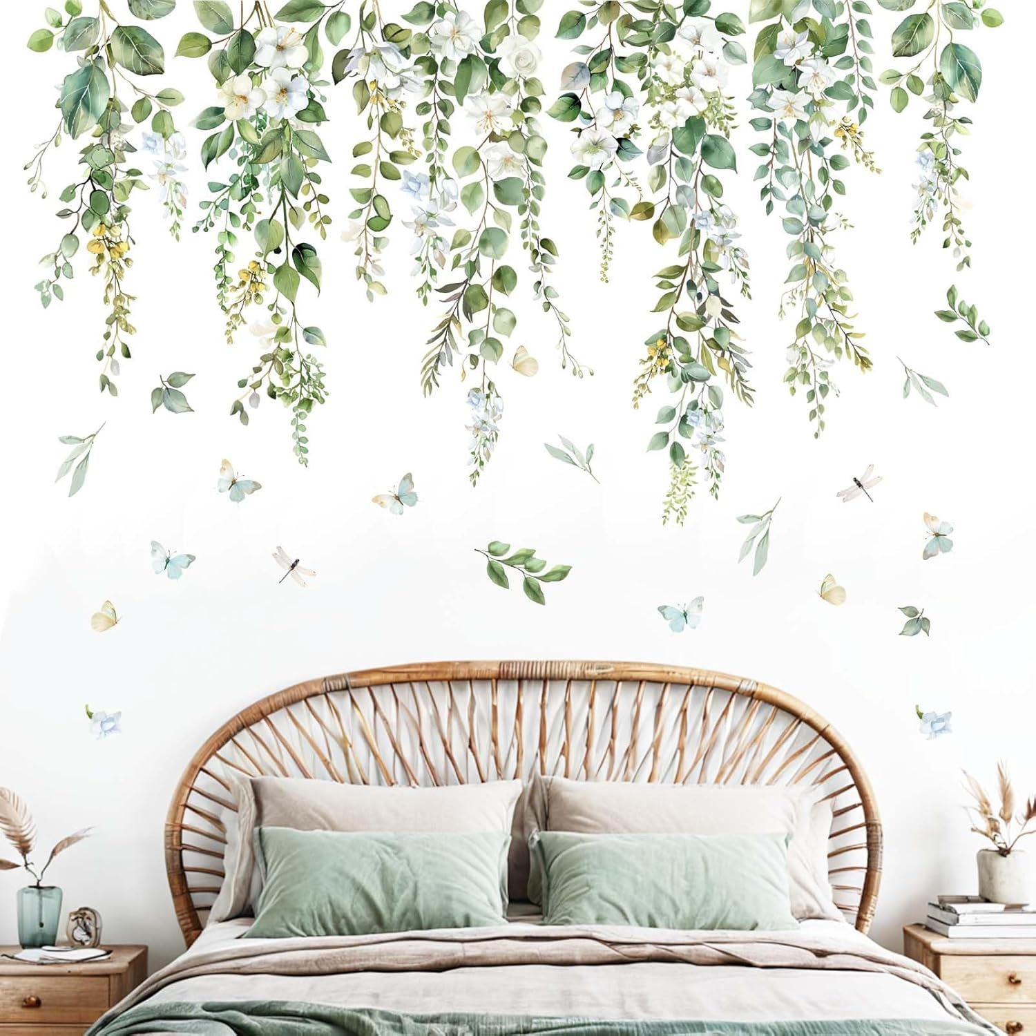 Hanging Vine Wall Decals - Green Nature Plants Leaves Wall Stickers - Bedroom Living Room Sofa TV Background Home Wall Decor image number 1