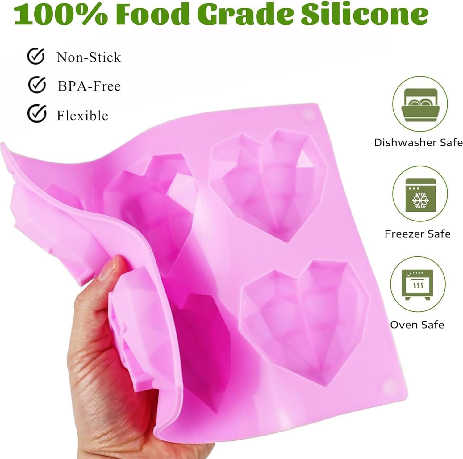 2 Pcs 3D Diamond Heart Silicone Mold, 6 Cavity Silicone Chocolate Moulds, Non Stick Chocolate Mould Baking Dessert Molds for Chocolate, Pudding, Jelly, Ice Cubes, Soap image number 1