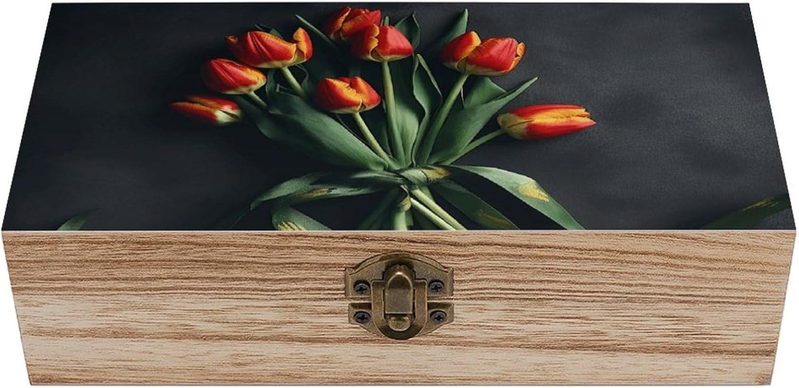 Tulips with Bows Wooden Box Wood Wedding Keepsake Boxes with Lids Small Decorative Boxes Lightweight Wooden Memory Storage Box for Crafts Keepsakes Jewelry Photo Letter Storage image number 1
