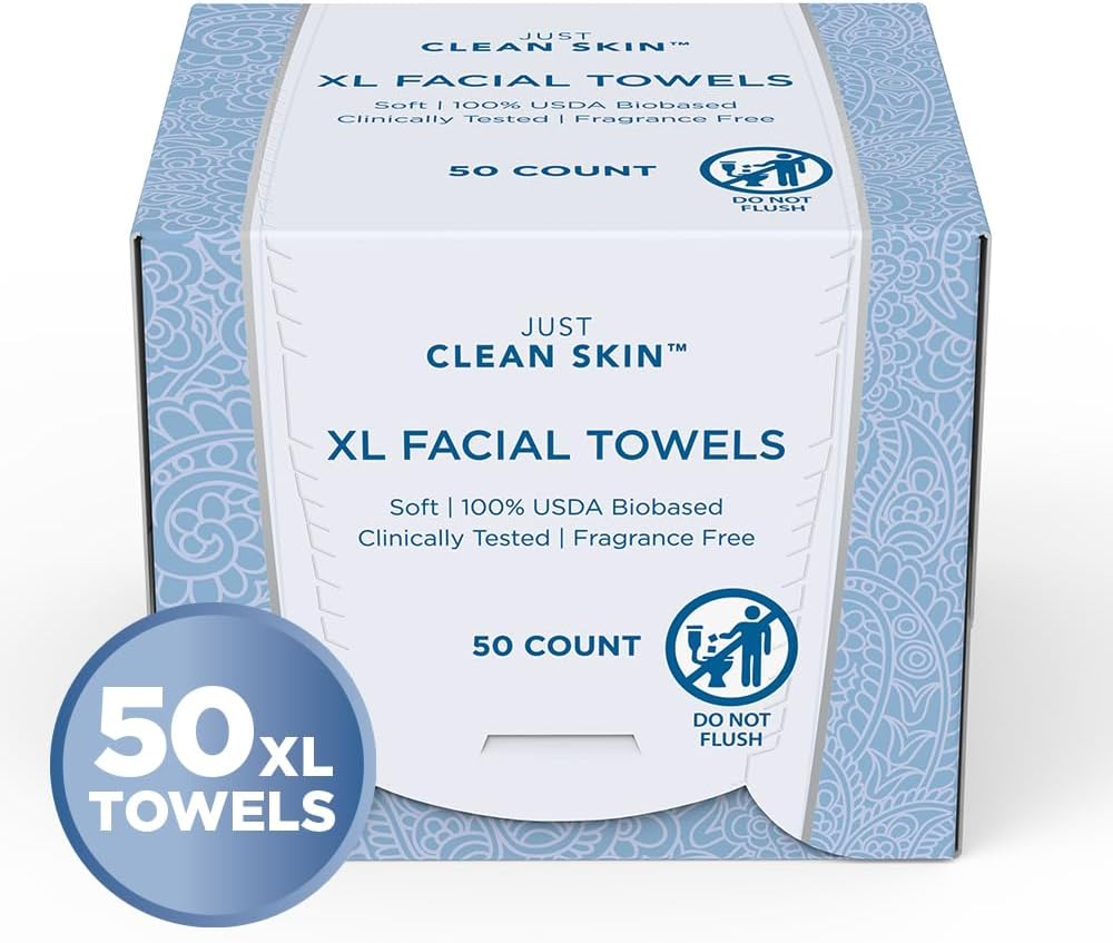 Just Clean Skin Dry Face Towels 50 Count | Plant-Based Viscose Biodegradable Extra Large Disposable Dry Wipes | Dual-Sided Makeup Remover & Face Wipes | Ultra Soft Towelettes for Sensitive Skin image number 1