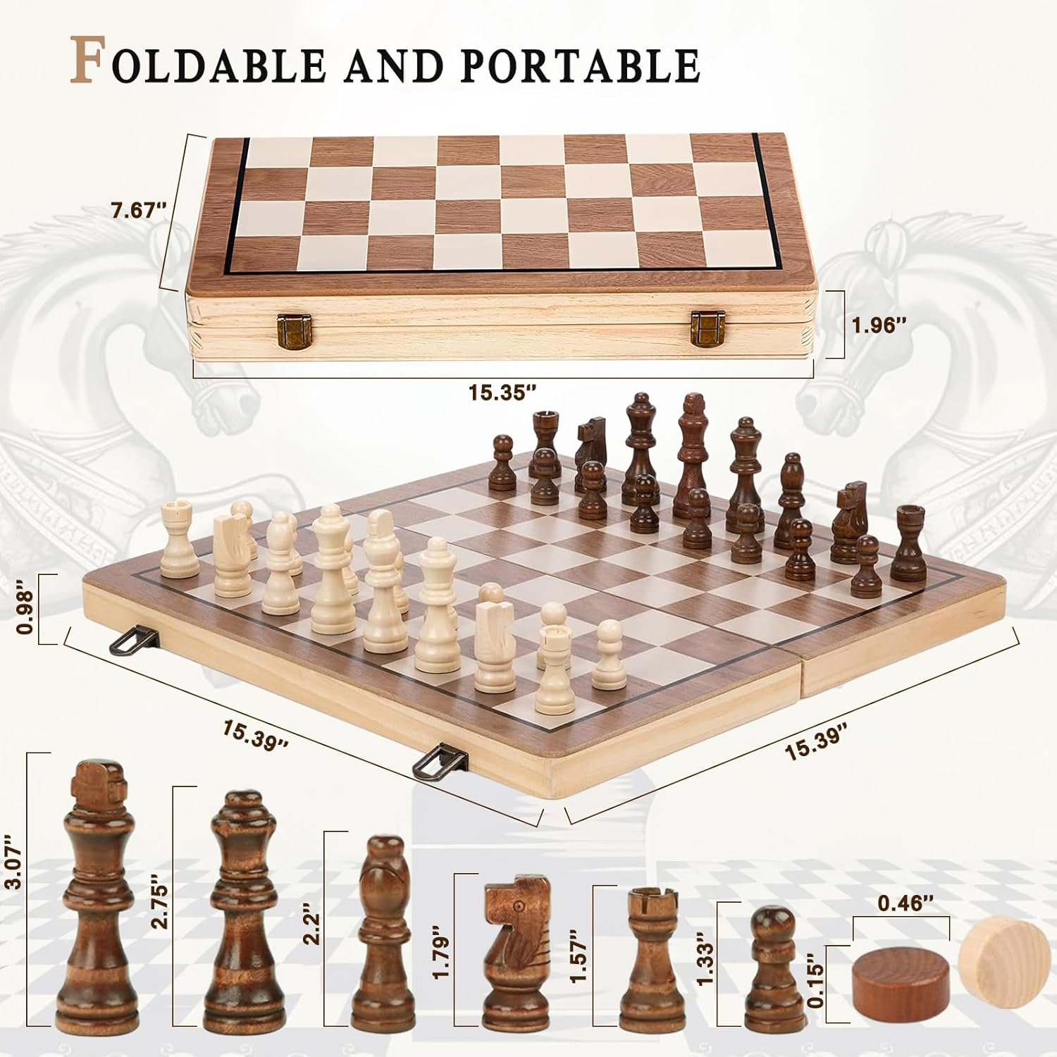 Chess Board Set with Checkers - 15.35" Wooden Chess Board Game Travel Chess for Adults & Kids, Chess Gift Toys for Boys Girls (15.35&ldquo;) image number 5