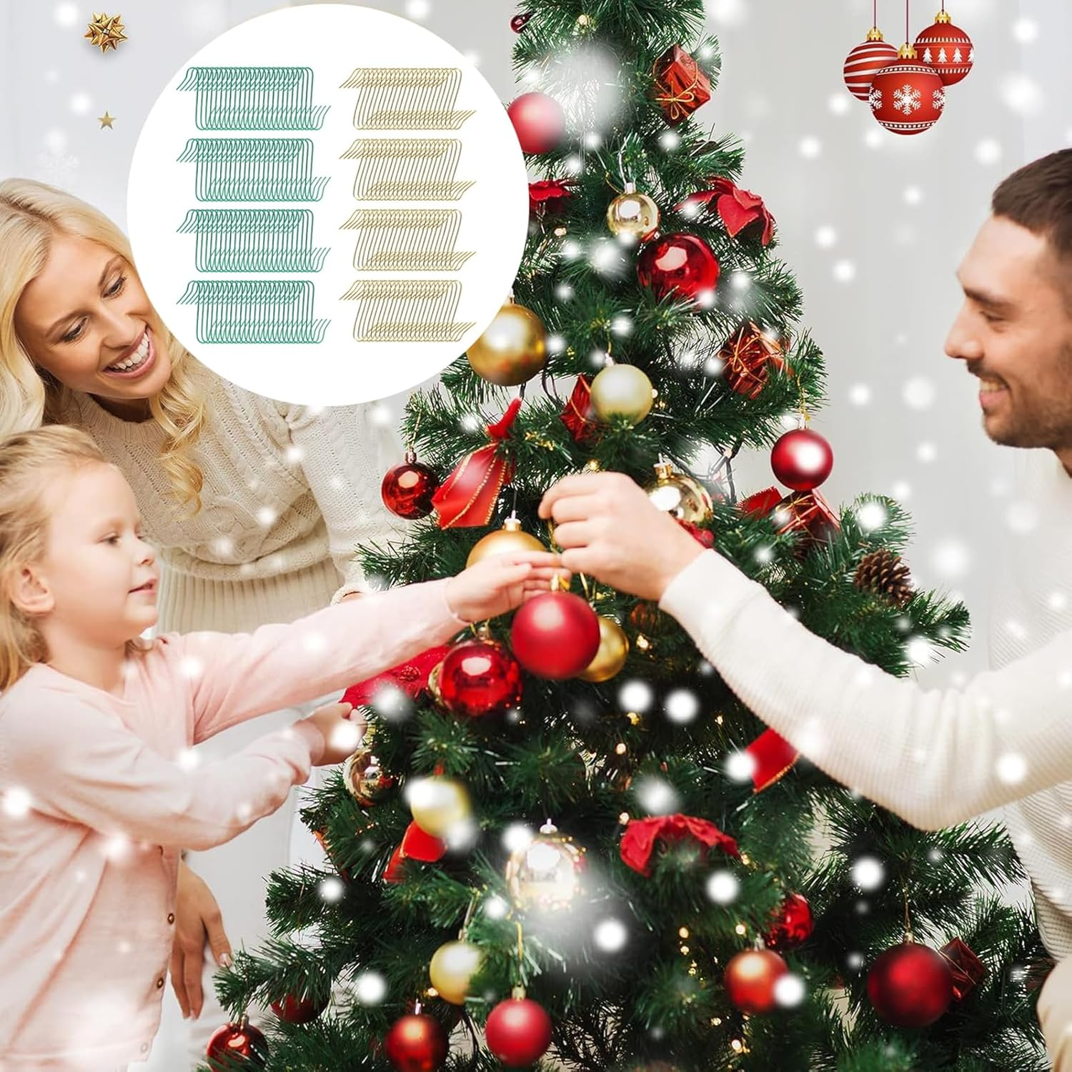 Christmas Tree Ornament S Hooks,Haakhui 200Pcs Metal Wire Ornament Hooks,Lightweit and Easy Haning to Xmas Tree,Gold and Green Easy Matching Anywhere image number 1