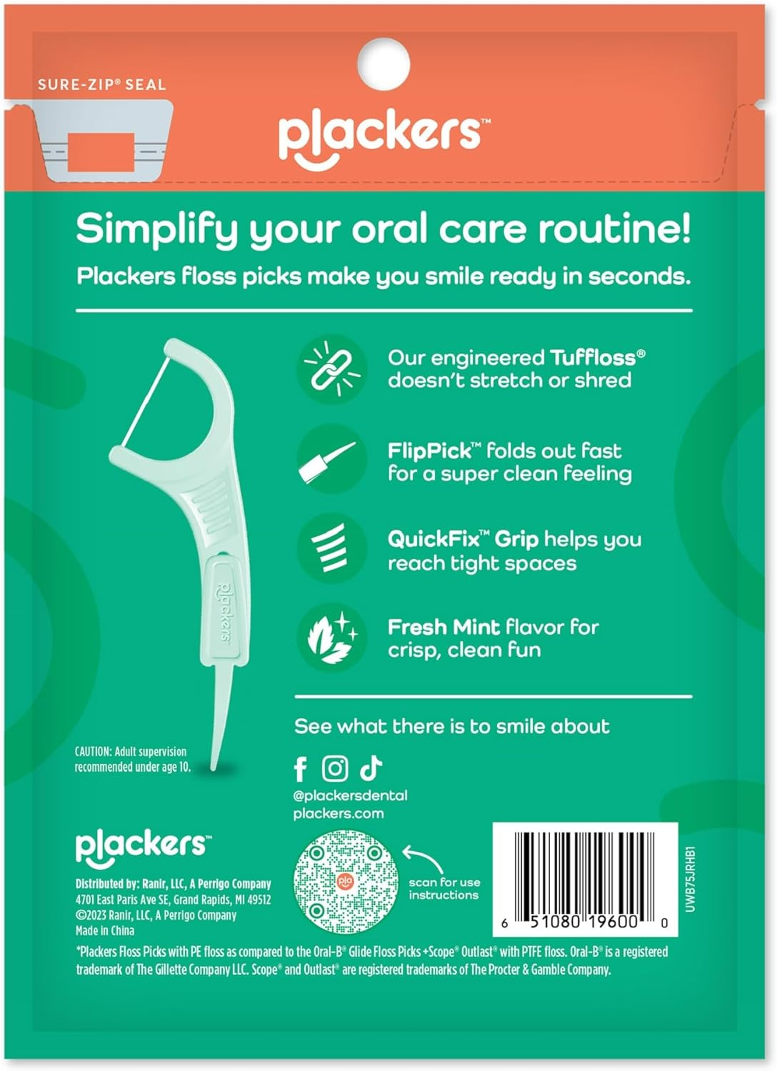 Plackers Micro Mint Dental Floss Picks, 90 Count, Pack of 6, Green
