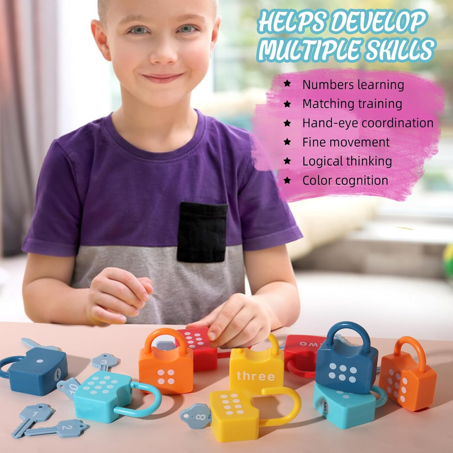 Dinhon Kids Learning Locks with Keys Numbers Matching & Counting Montessori Educational Toys for Ages 3 Yrs+ Boys and Girls Preschool Games Gifts image number 1