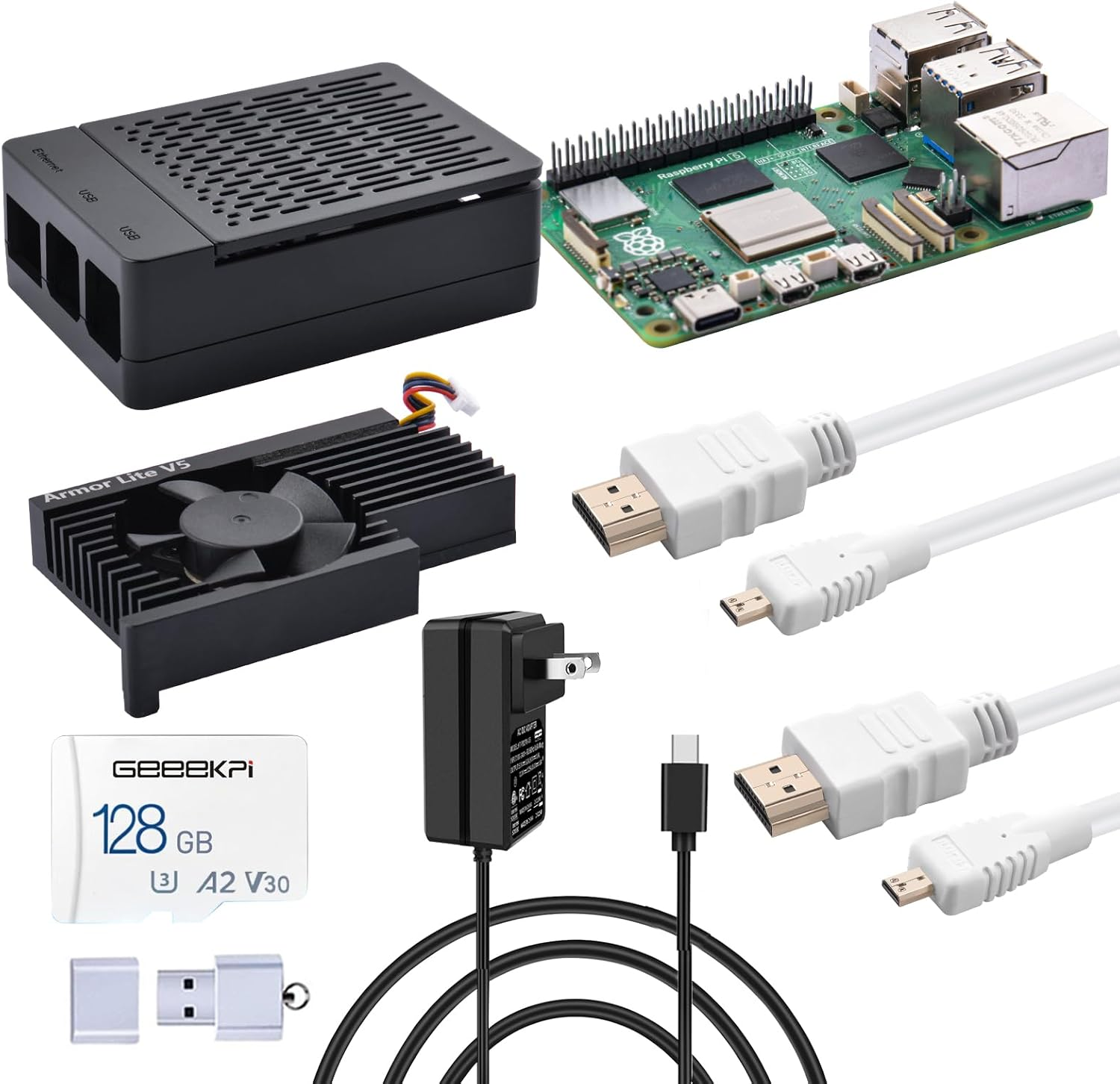 Geeekpi Starter Kit for Raspberry Pi 5 8GB, with Raspberry Pi 5 & Active Cooler, Case, 128GB Card, Card Reader, HDMI Cables and 27W USB C Power Supply image number 6