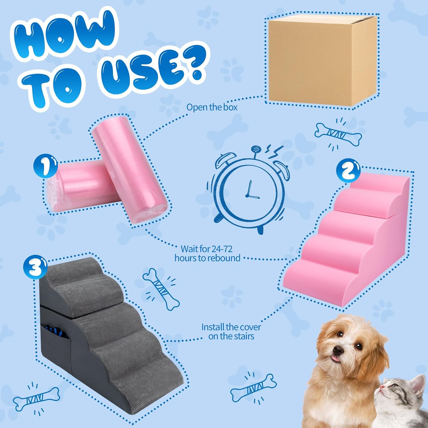 Dog Stairs Ramp Pet Steps 24/35/59Cm Adjustable Height Extra Wide Dog Ramp with Portable Handle Removable Washable Cover Non-Slip Bottom for Small Elderly Short-Legged or Injured Dogs and Cats image number 2