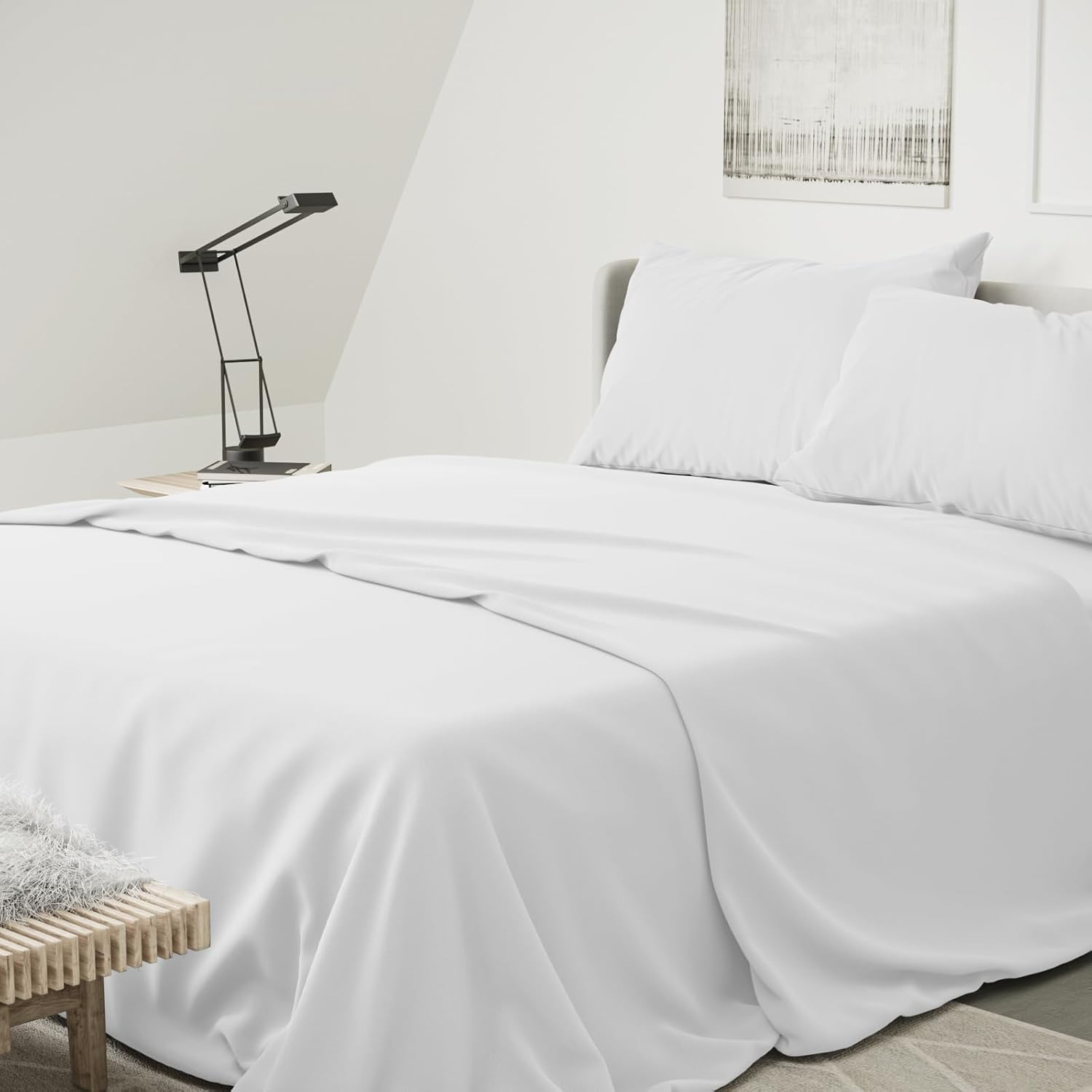 RUN HELIX 4 Pieces King Bed Sheet Set - Ultra Soft Microfibre Fabric Fitted Sheet with 35Cm Deep Pocket, Mattress Protector, Easy Care, Wrinkle Free, Fitted Sheet & Flat Sheet & 2 Pillowcases, White image number 3