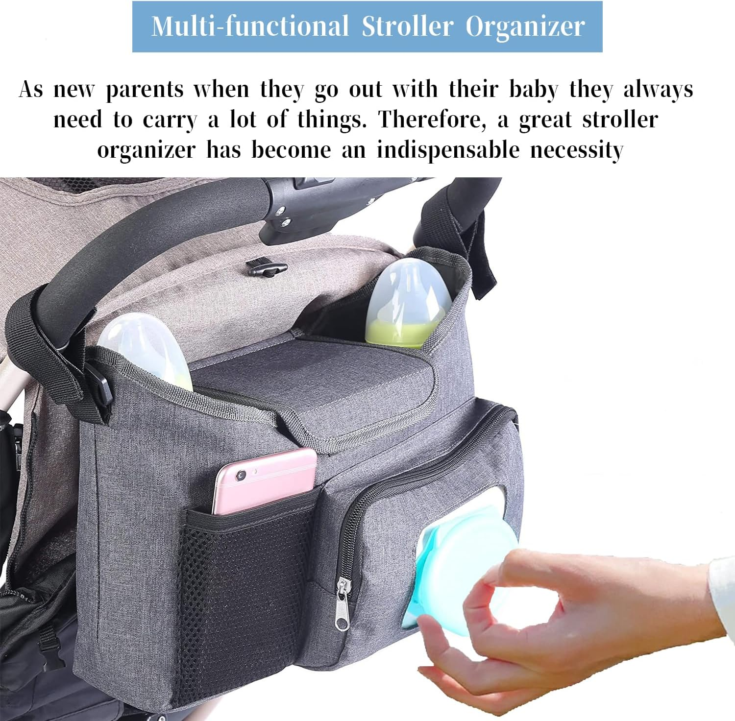 Baby Stroller Organizer with Cup Holders, Universal Stroller Accessories Caddy Storage Bag with Detachable Bag & Shoulder Straps for Carrying Diaper, Phone, Keys, Toys & Snacks (Balck) image number 1