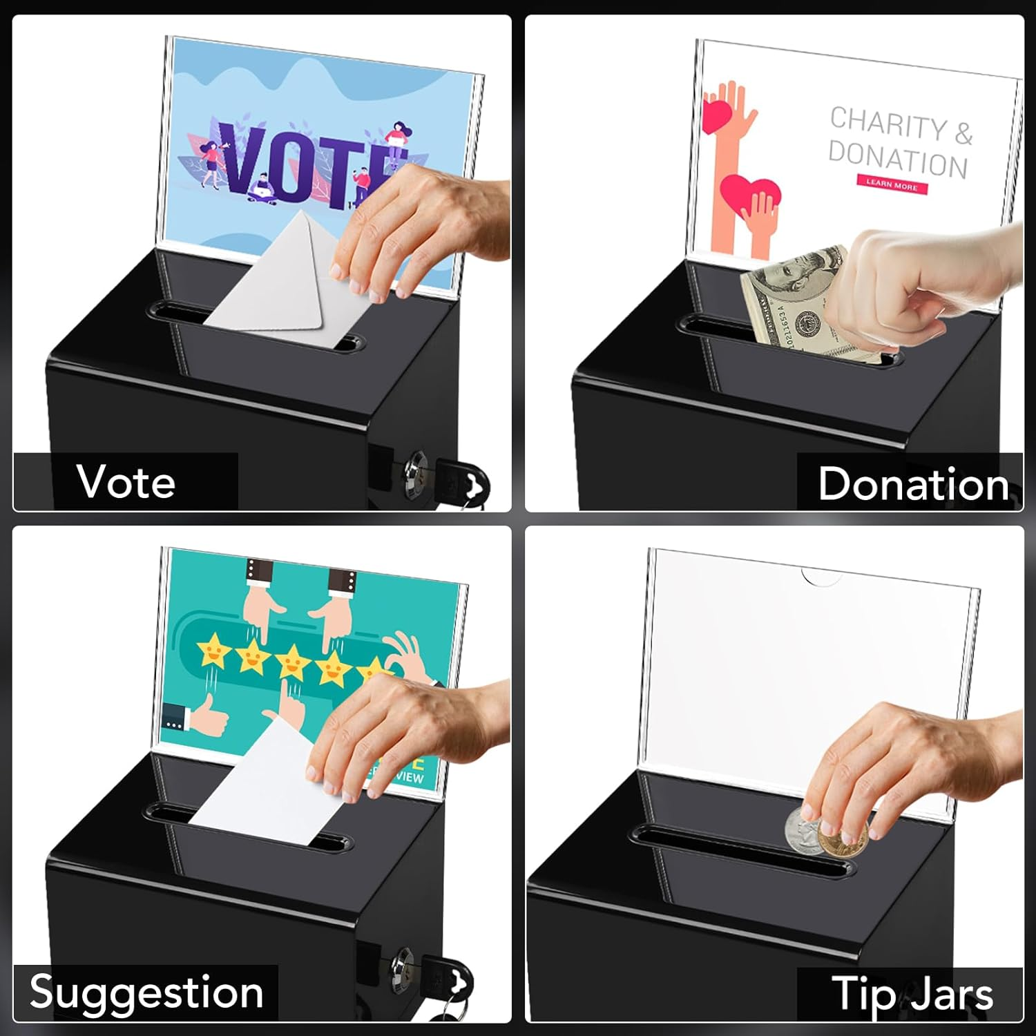 VOISEN Acrylic Donation Box with Lock, Black Tip Jar with Sign Holder, Suggestion Box for Fundraising, Donation, Bar, School Voting, 6.2X4.6X3.9 Inch - 1 image number 7