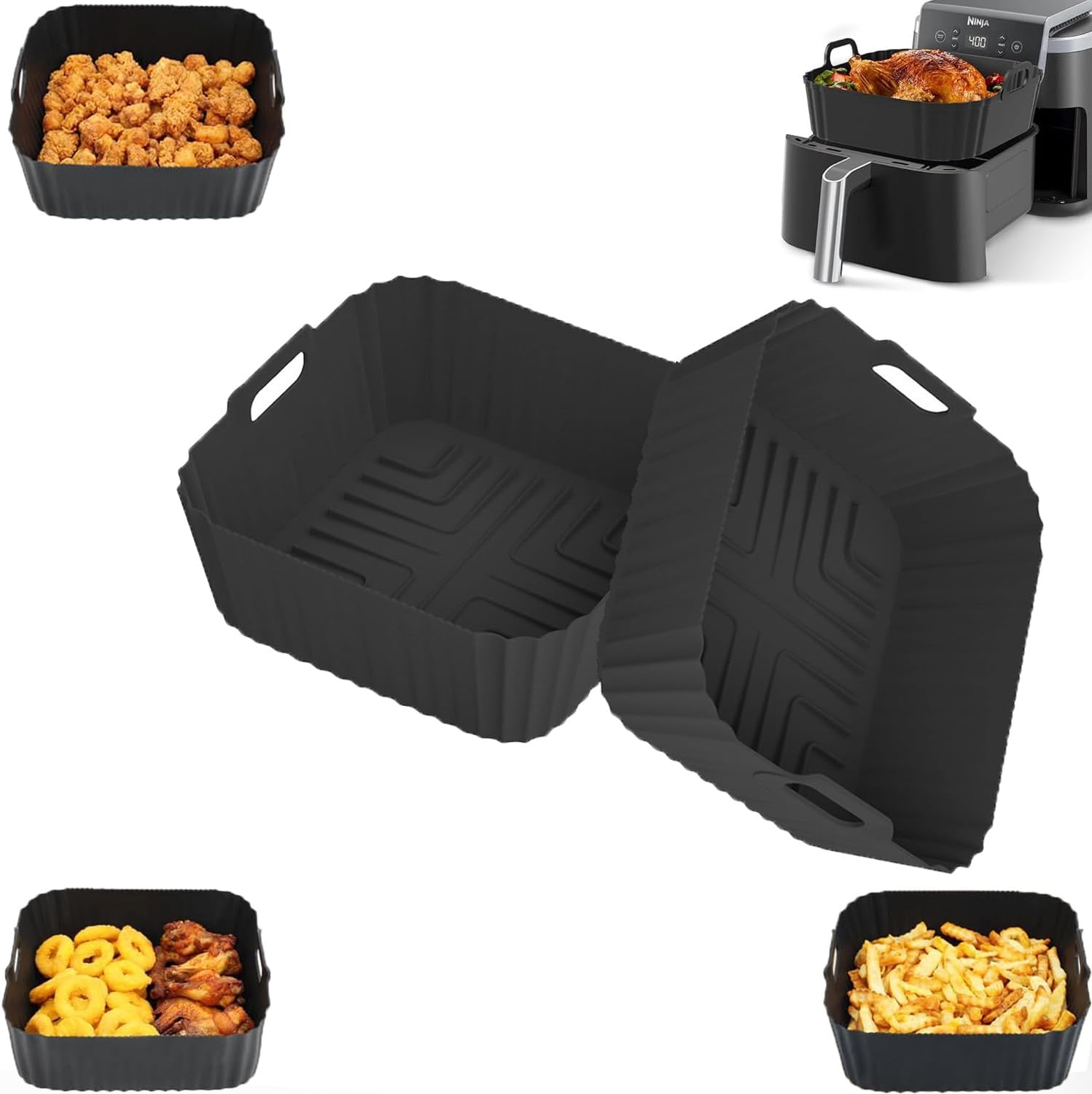 Silicone Air Fryer Liners 2 Pack, Accessorie Mould for COSORI DC601 L501,Philips 2000 Series Na230/00,Ninja AF141 Af181,Tefal for 5-6.5Qt Reusable Silicone Mould for Hot Air Fryer-Black image number 1
