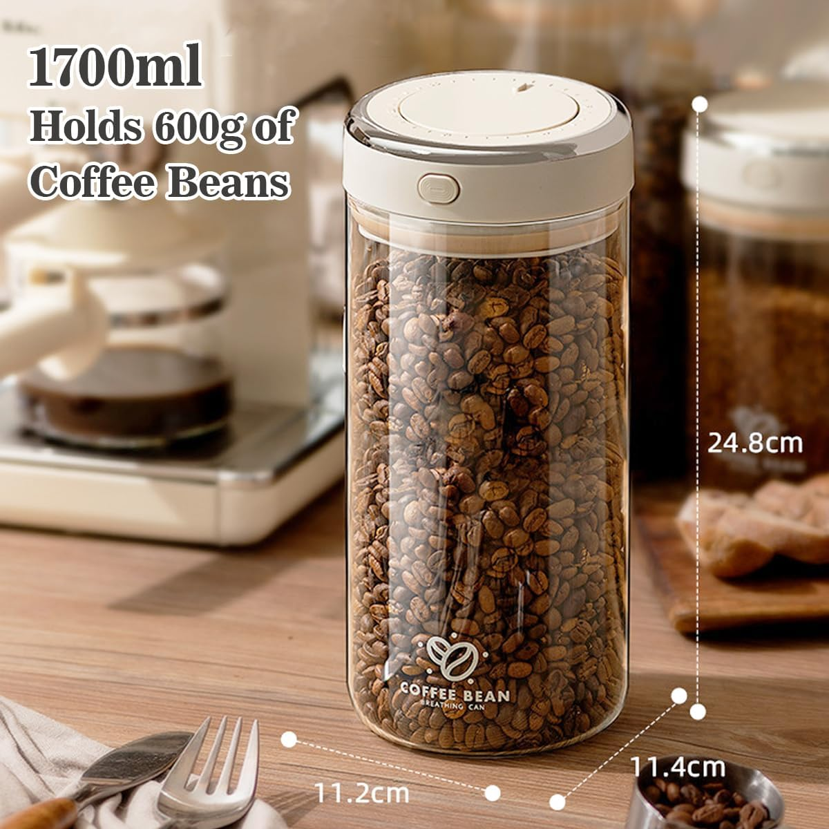 Blissify Coffee Bean Storage Container, Airtight Coffee Canister with One-Way Valve Airtight Lid, Premium Borosilicate Glass Coffee Jar for Beans, Ground, Tea, Sugar, 1700Ml image number 2