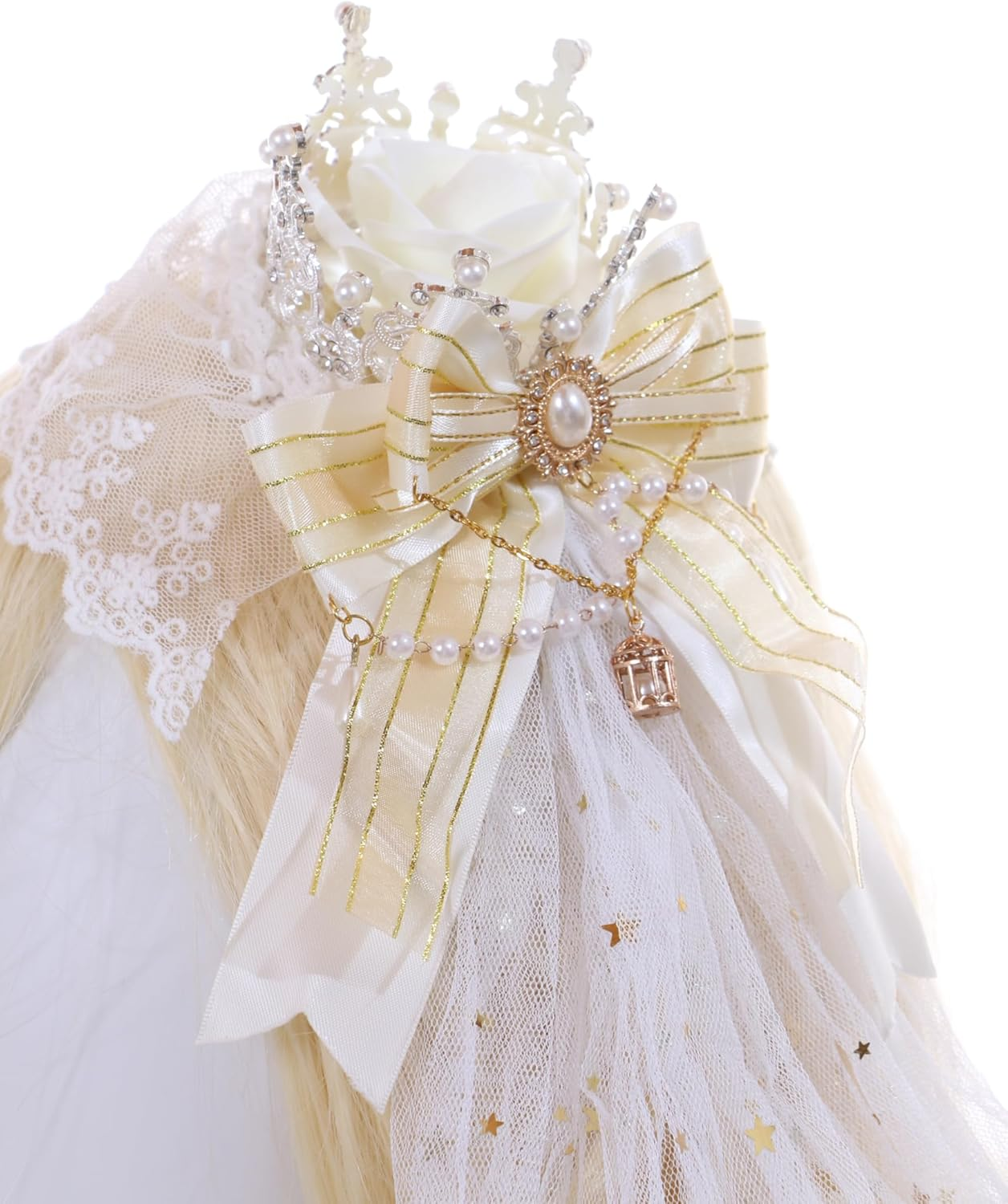 C-105-3 White Veil Gold Crown Red Rose Bow Lace Ruffle Gothic Lolita Party Celebration Hair Accessories Head Accessory image number 4