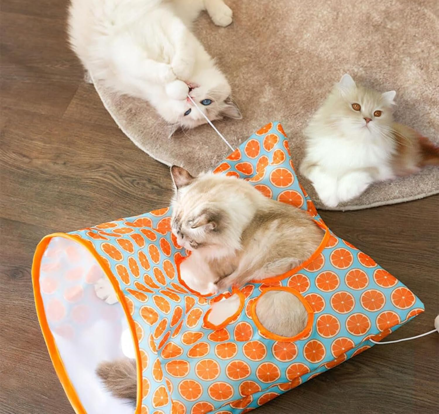 Cat Tunnel Toy, with 1 Little Mouse & 3 Toy Ball, Kitty Pet Collapsible Tunnel Crinkle Sack Bag Self Hide and Seek Play for Indoor Peekaboo Interactive Smarty Cat Cave Toy. (Green and Orange) - Light Green image number 2