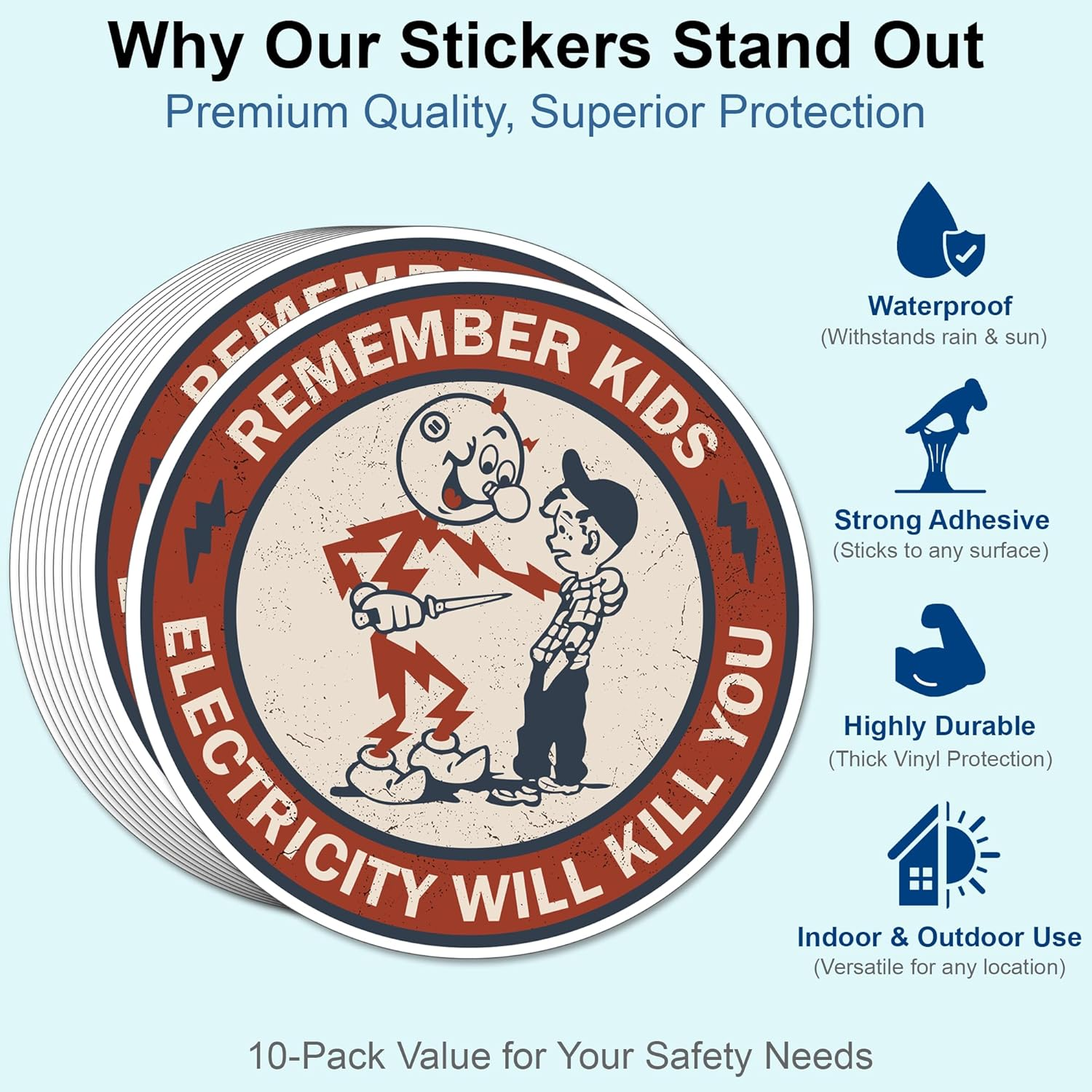 GRITKULTURE Remember Kids Electricity Will Kill You Decal Stickers 10 Pack 2.95 Inch Safety Warning for Hard Hat, Blue Collar, Car, Truck, Window, Reddy Kilowatt, Outlets image number 3