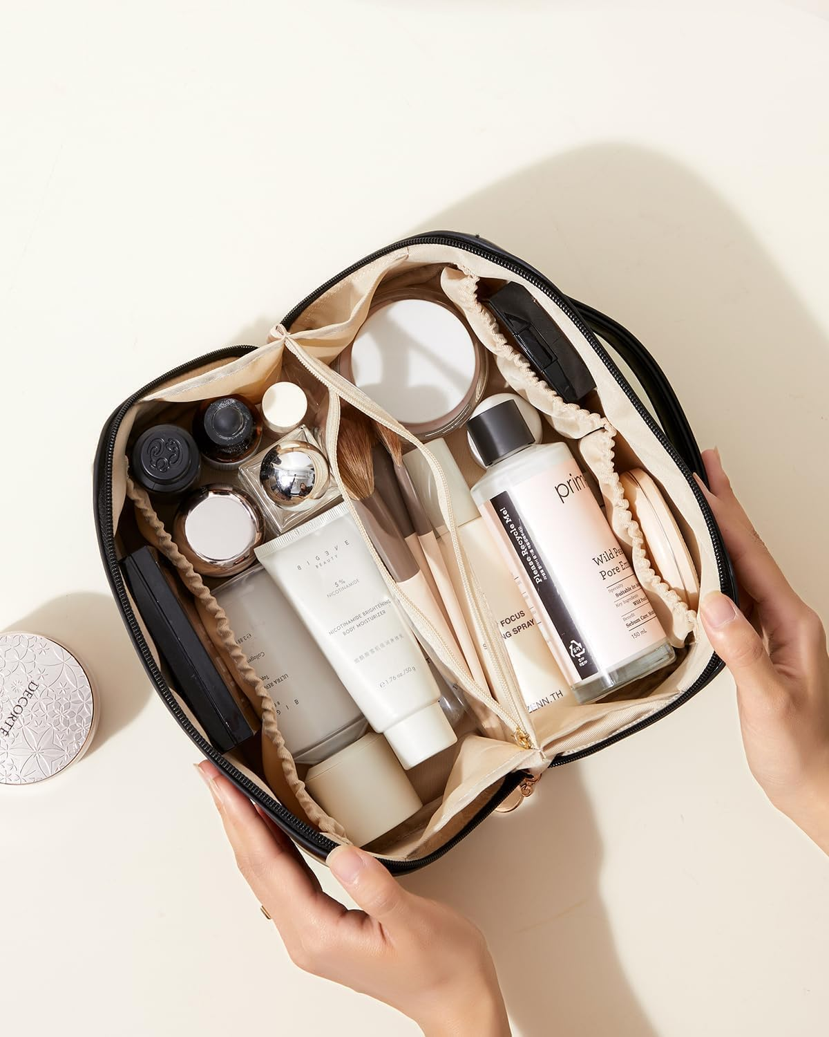 Travel Makeup Bag, Large Capacity Cosmetic Bags for Women, Waterproof Portable Pouch Open Flat Toiletry Bag, Make up Organizer with Divider and Handle (Black) image number 2