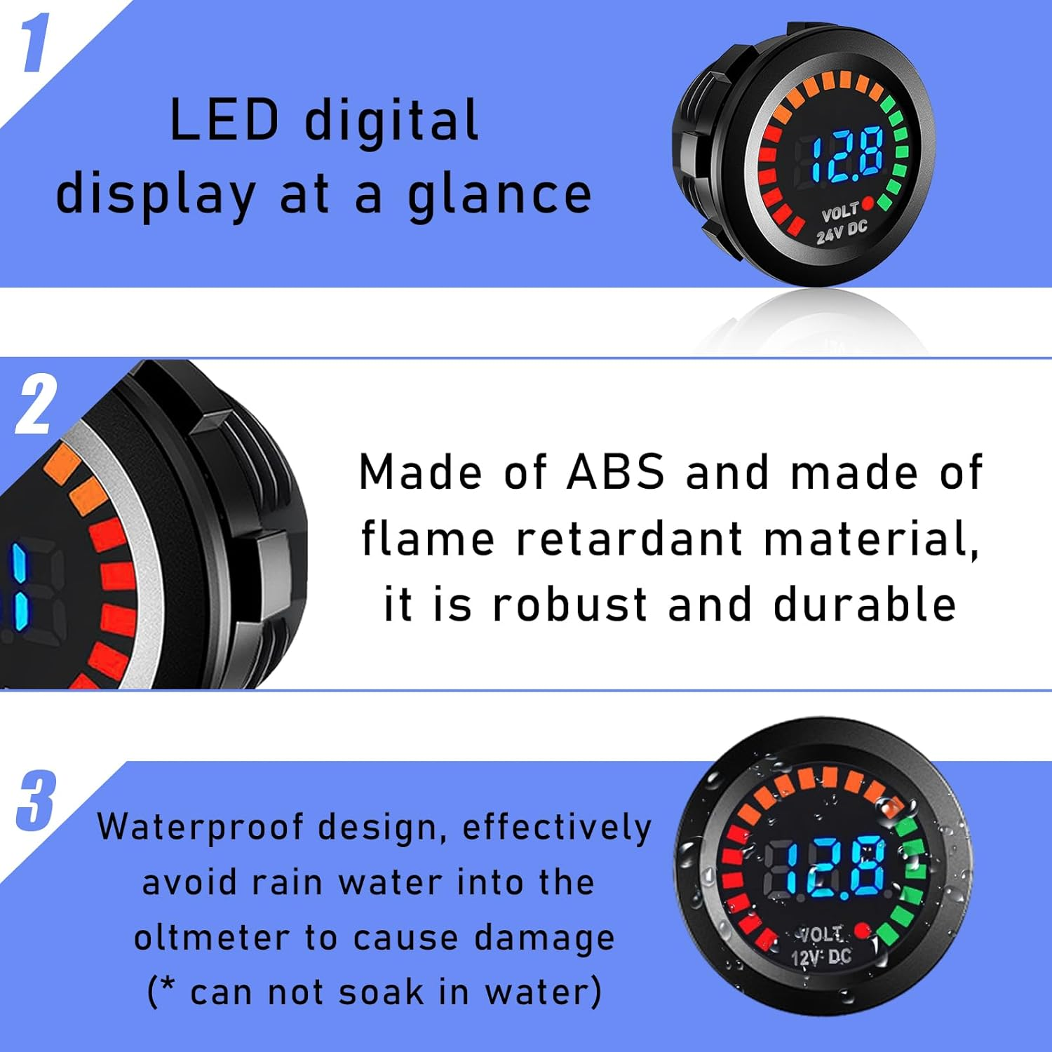 2 PCS Waterproof Voltmeter for Car, DC 12V LED Digital Display Voltage Gauge with Terminals, Universal round Panel Vehicle Battery Voltage Tester for Car Motorcycle Boat image number 4