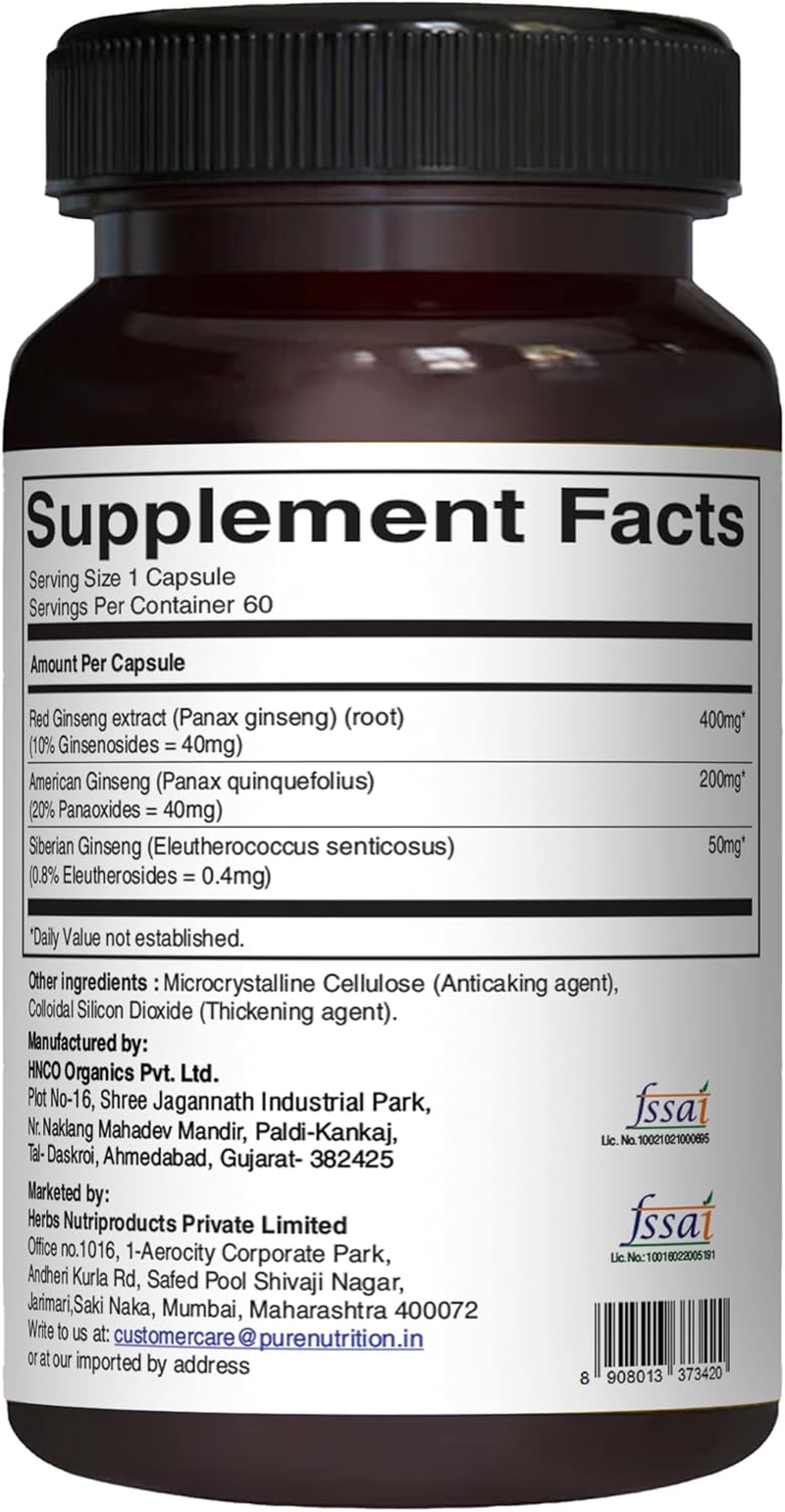 Pure Nutrition Triple Ginseng - Unique and Effective Combination of Red Ginseng, American Ginseng and Siberian Ginseng. 790Mg per Capsule | 60 Veg Caps Pack image number 1