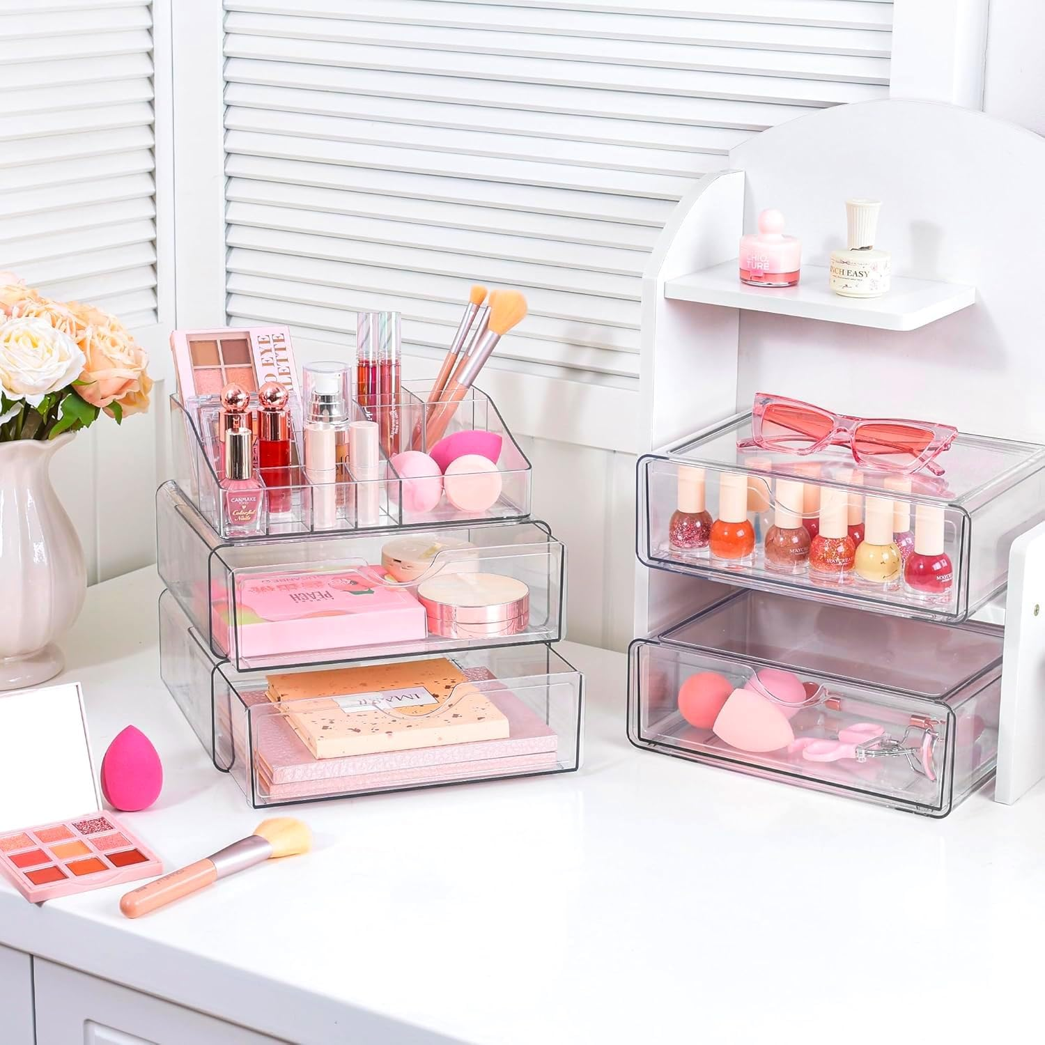 5 Tier Clear Makeup Organizer with Drawer, Beauty Holder for Lipstick Brush Skincare，Cosmetic Storage for Dresser Countertop and Bathroom Vanity (5 Tier) image number 1