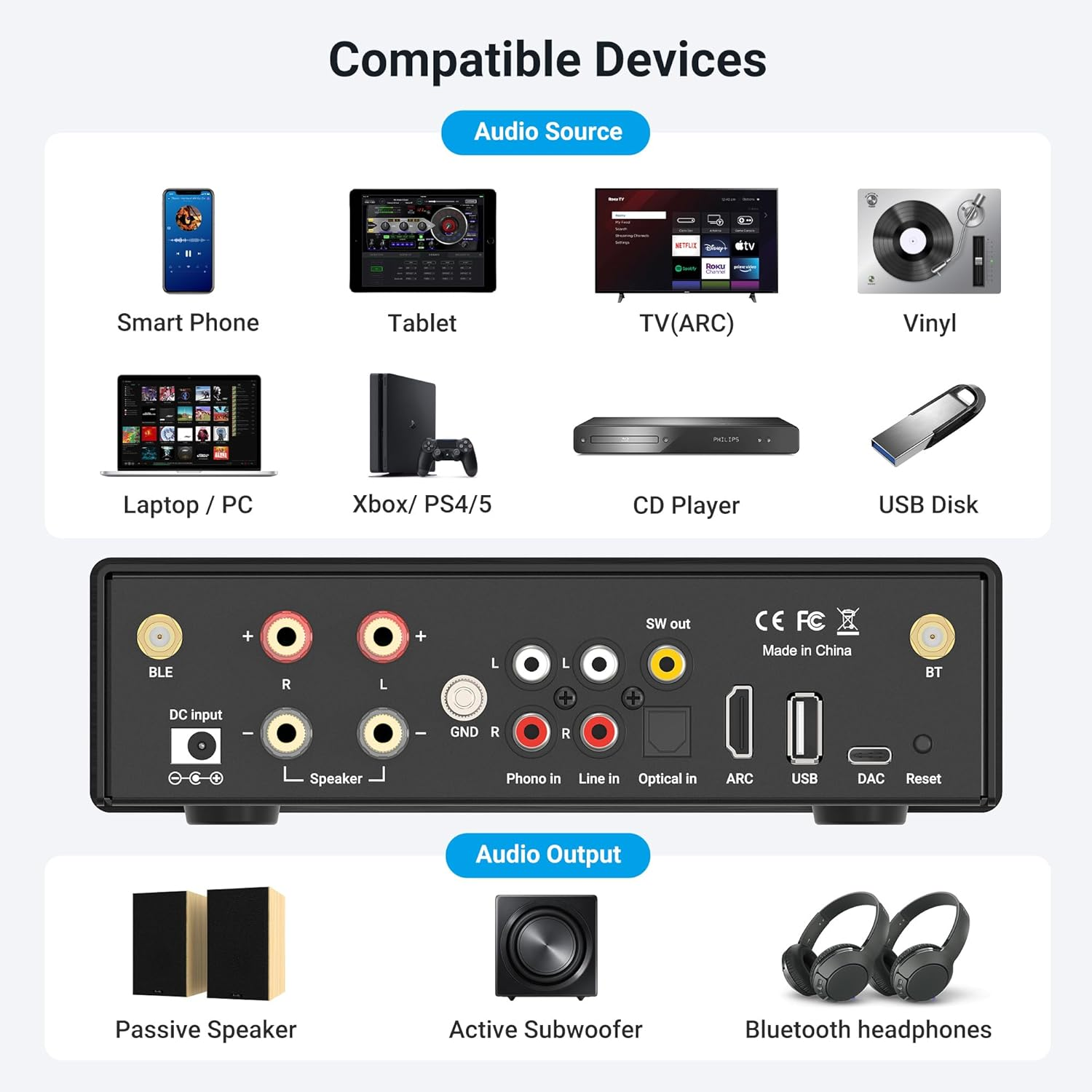 Arylic B50 2 Channel Bluetooth Amplifier with Audio Transmitter, 50W*2 Home Stereo Amplifiers with HDMI Arc,Dac,Phono in and Free APP. Support Aptx HD Music Transmission & Reception. image number 2