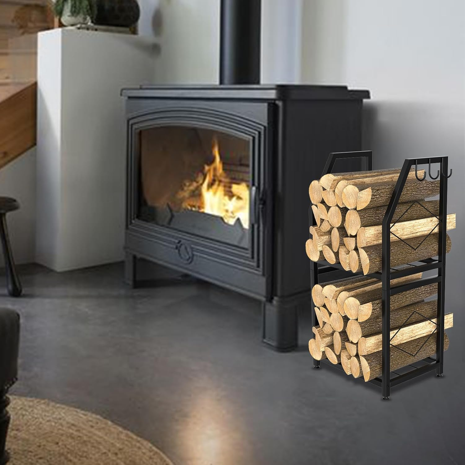 Firewood Rack for Indoor, 2-Tier Firewood Holder with 3 Hanging Hooks, Heavy Duty Wood Rack for Outdoor Patio, Black image number 3