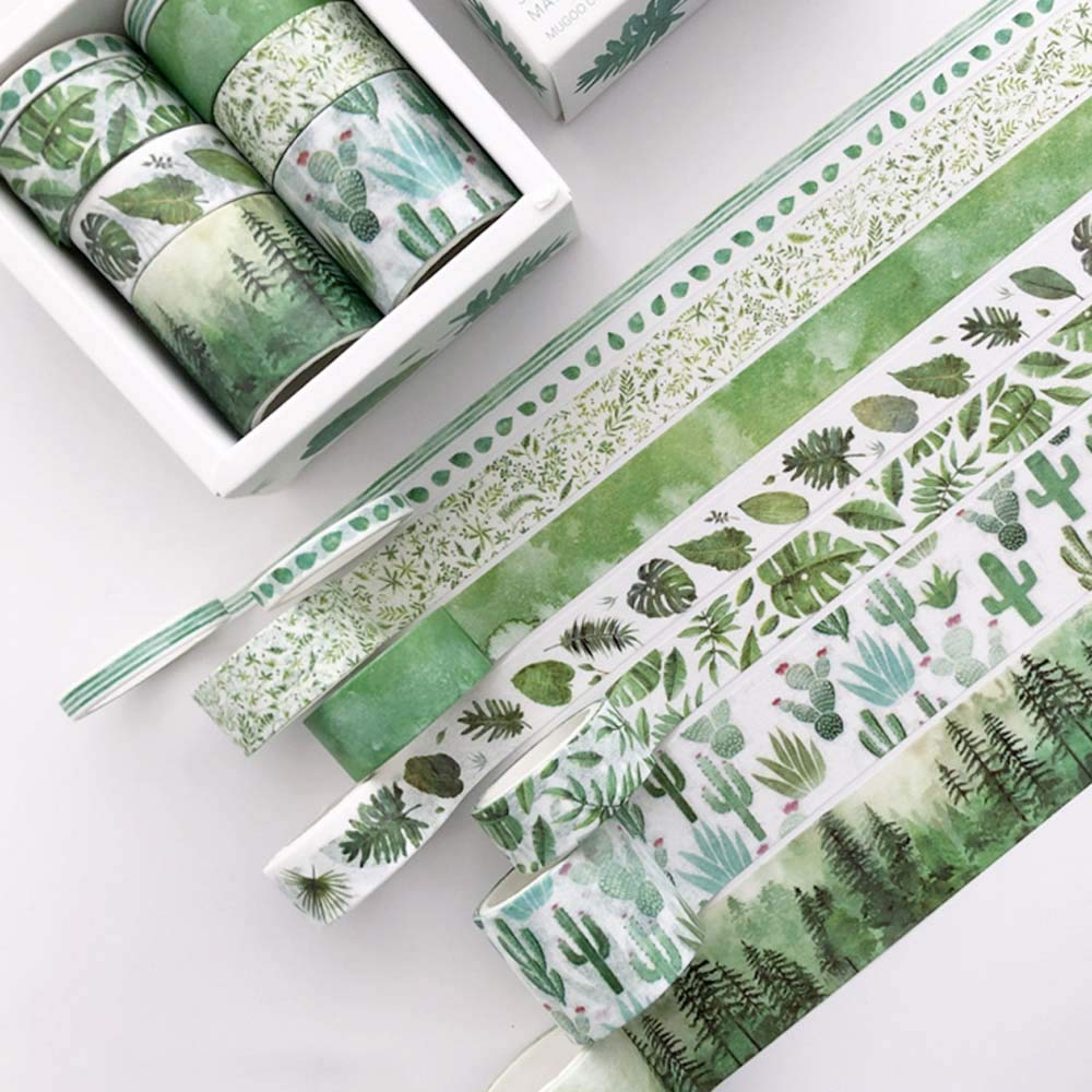 8 Rolls Washi Tape Set, Cute Green Plants Floral Animals, Decorative Tape for Scrapbooks, Journals, DIY Decor and Craft Aplied (Green)