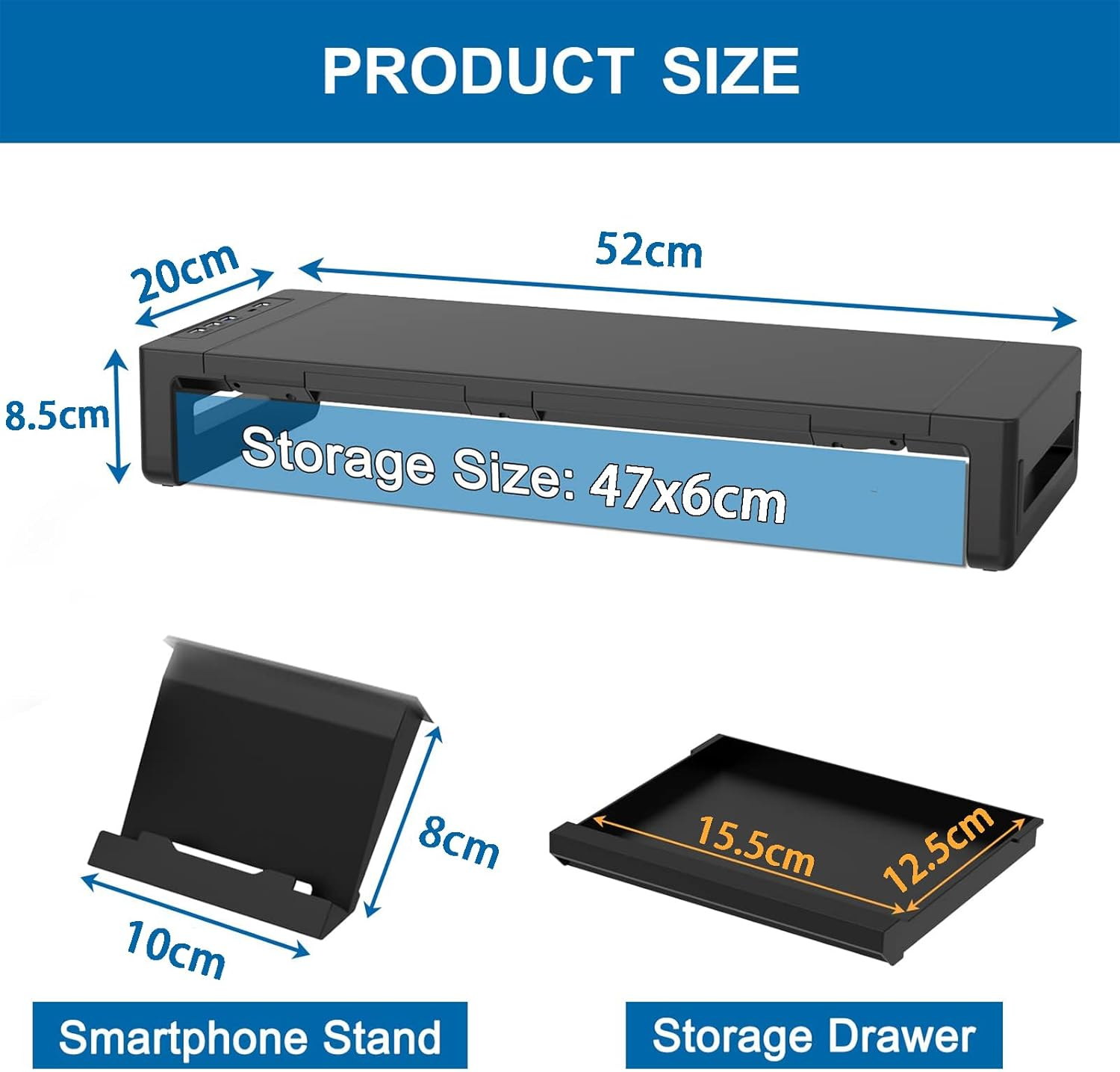 Veylenix Monitor Stand with USB 3.0 and Charging Prot, Foldable Computer Monitor Riser for Desk, Laptop with Storage Drawer and Tablet Phone Hold, Black image number 4