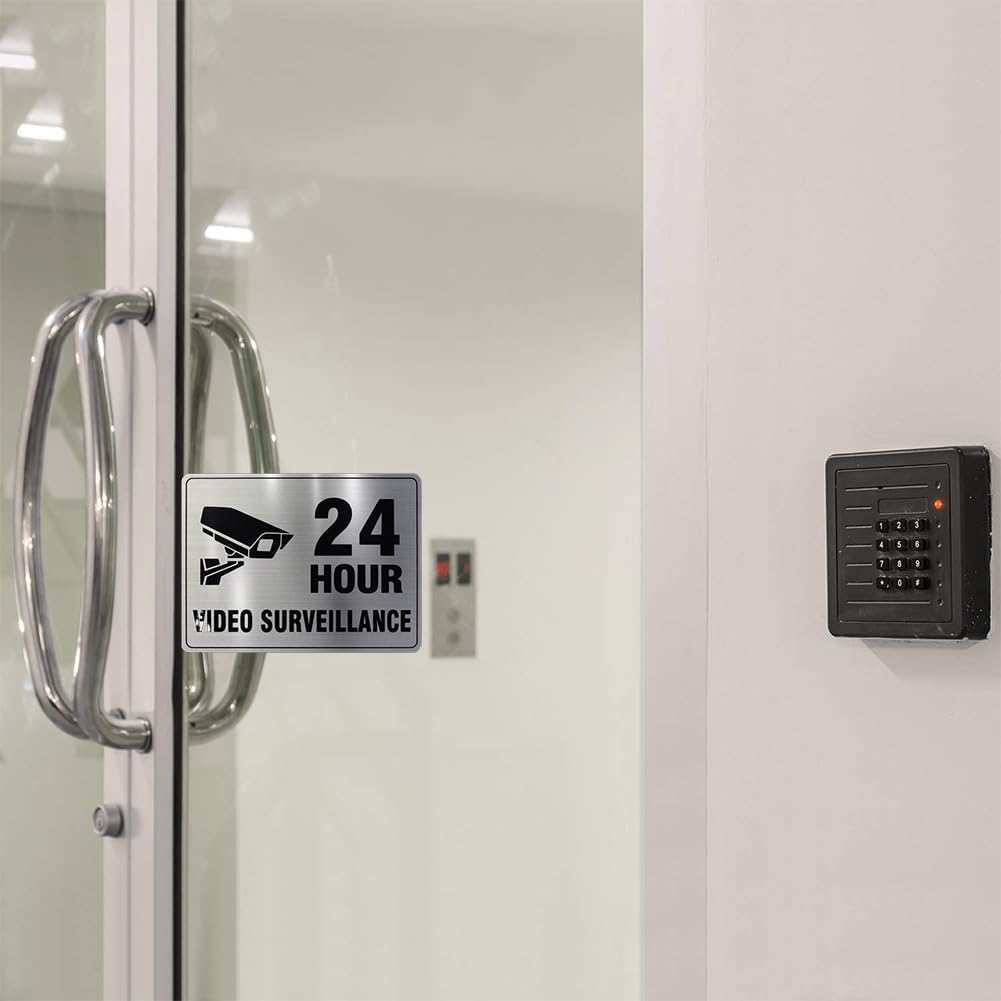 2 Pack 24 Hour Video Surveillance Sign Aluminum, Waterproof Metal Door Wall Sign for for Doors, Walls, Windows Indoor Outdoor (2#)