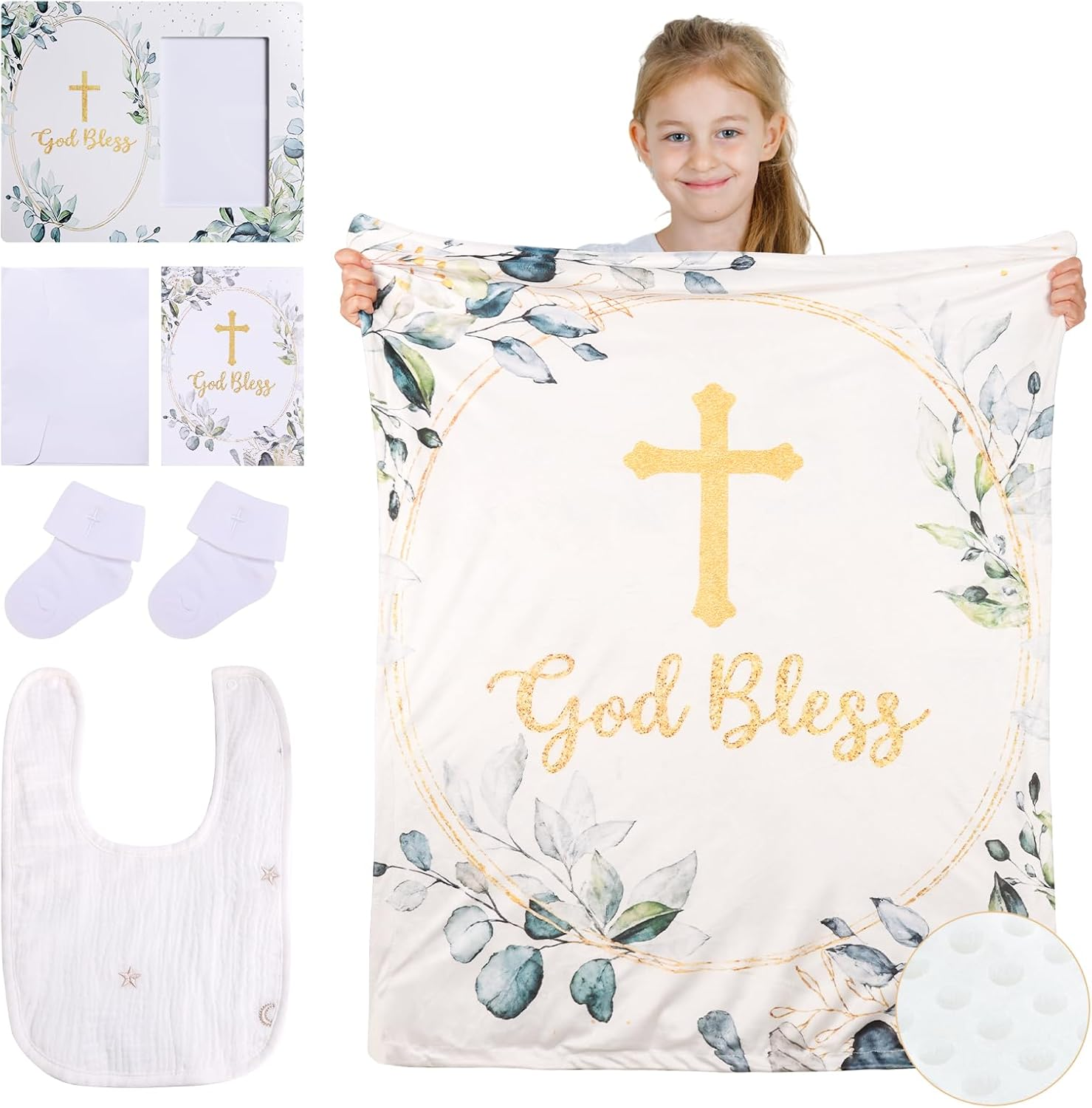 Baptism Gifts for Boys Girl First Communion Christening Gift for Boy Girls with Baby Blanket Baptism Card Picture Frame White Socks Bib image number 1