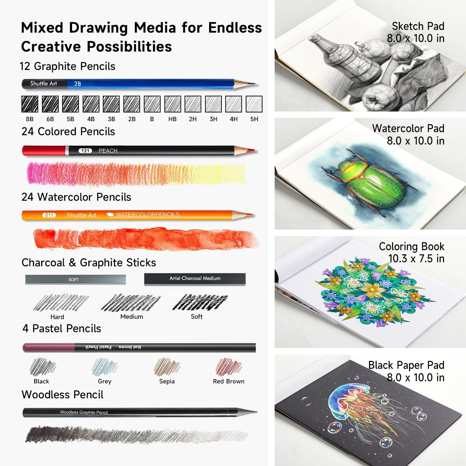 Shuttle Art Sketching and Drawing Pencils Set, 116 Pack Sketch Art Pencil Set with 4 Drawing Pads, Graphite Pencils in Zipper Case, Colouring Pencils for Artist Sketching, Art Set for Adults, Beginner image number 1