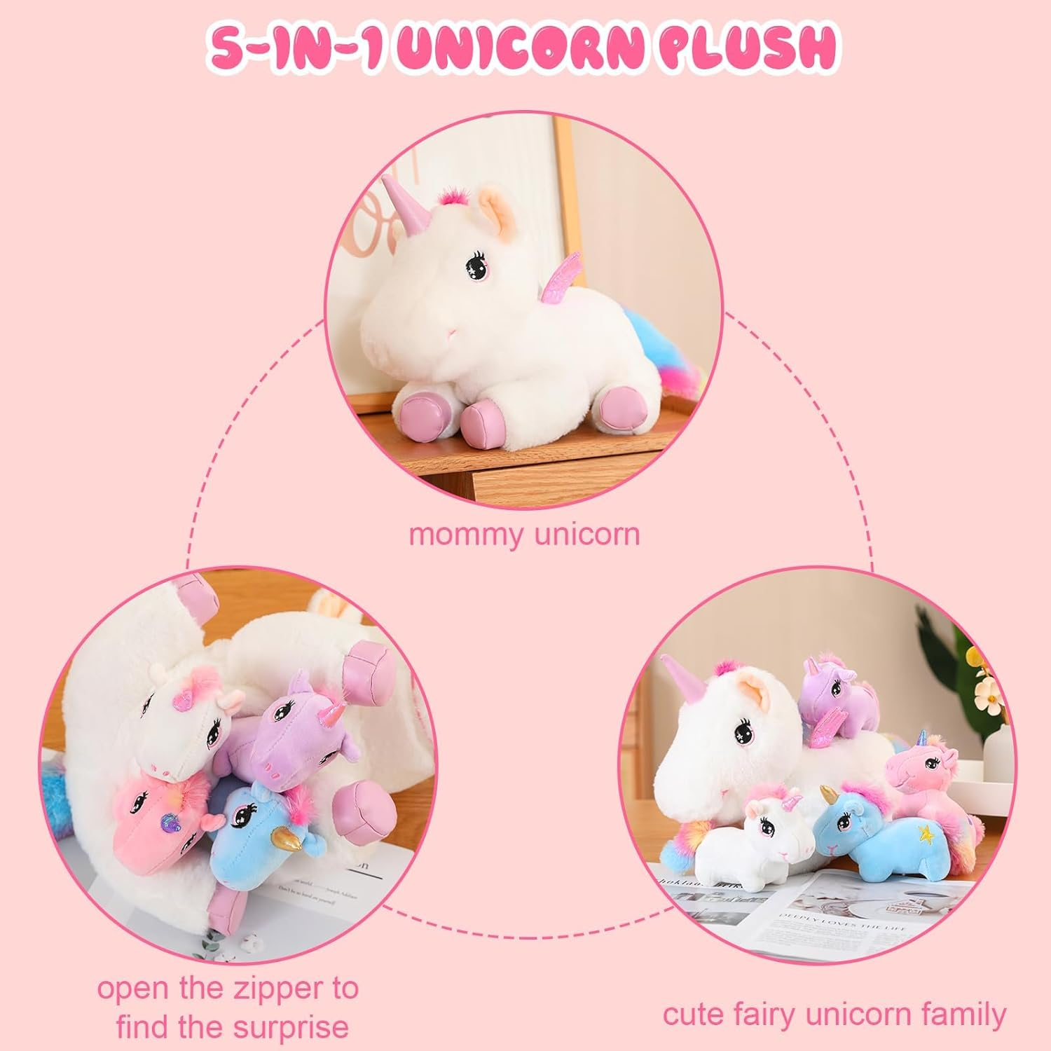 SQEQE Stuffed Animals Cute Unicorn with 4 Babies in Tummy, Rainbow Flying Unicorns Plush Pillow Toys with Wings, Christmas & Birthday Present for Kids image number 6