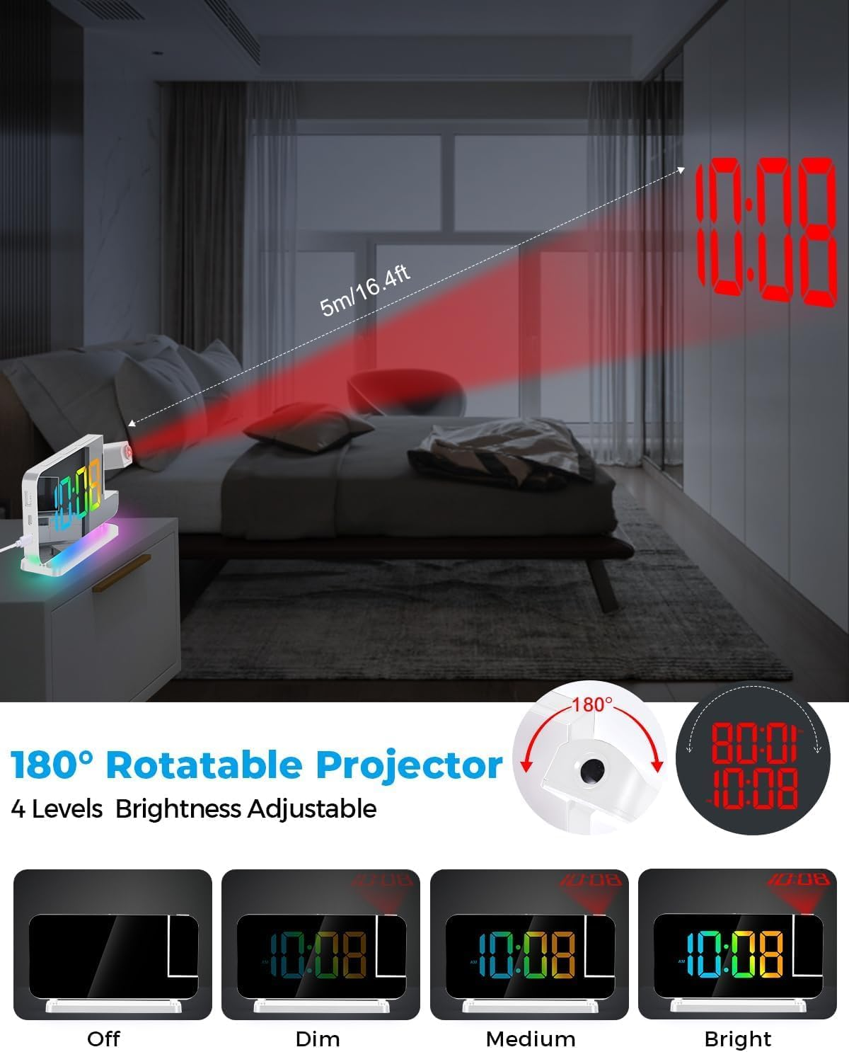Projection Alarm Clock,7.4" LED Mirror Digital Clocks Large Display,With 180&deg; Rotatable Projector,Rgb Night Light,Usb C Port,Auto Dimmer (White) image number 4