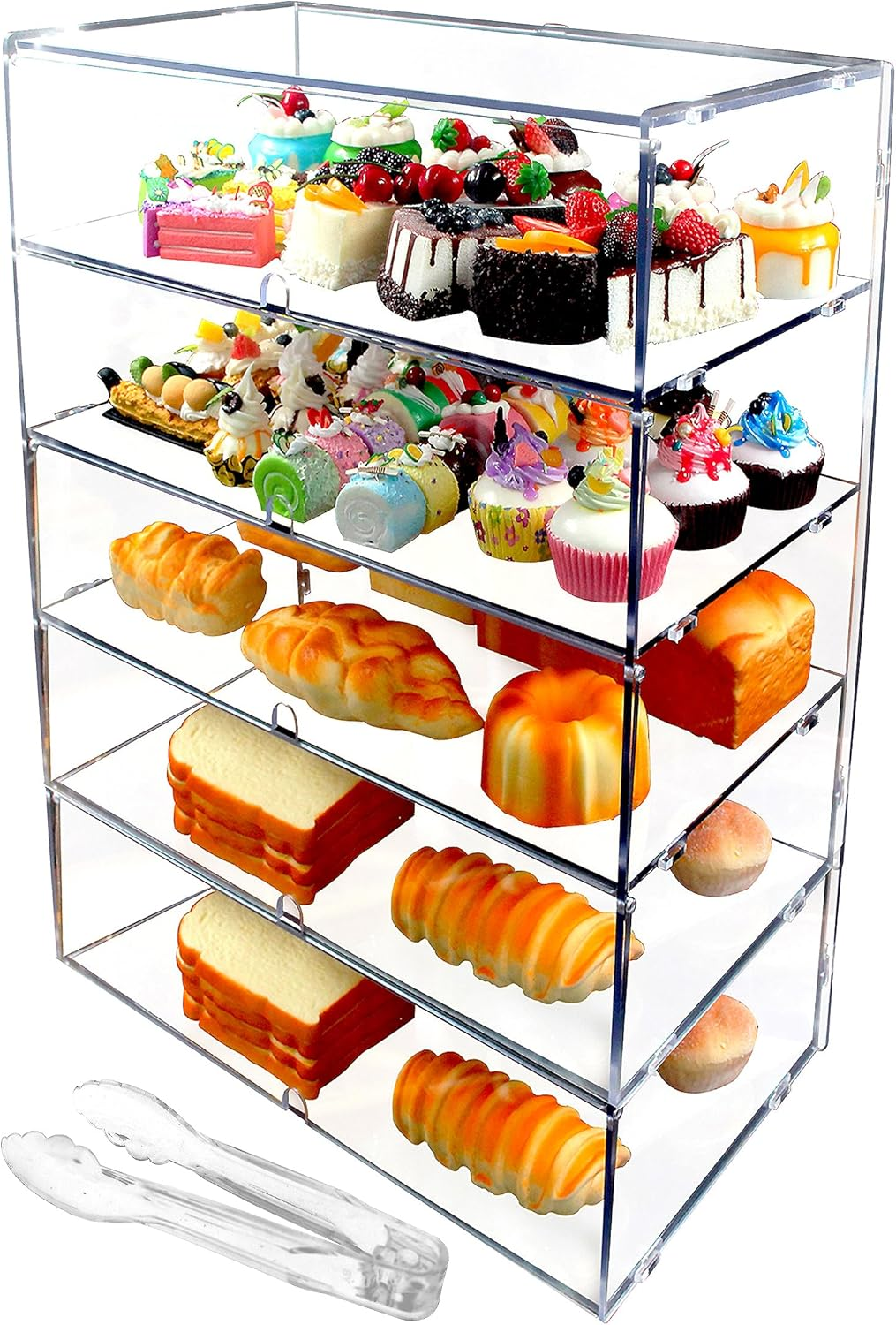 3 Tiers Clear Counter Top Bakery Display Case Pastry Display Cabinet 21.49"X21.92"X11.81" Party Desserts Rack Cake Bread Stand, Food Level PC Panels + Front Doors + Finger Holes + Handel Design