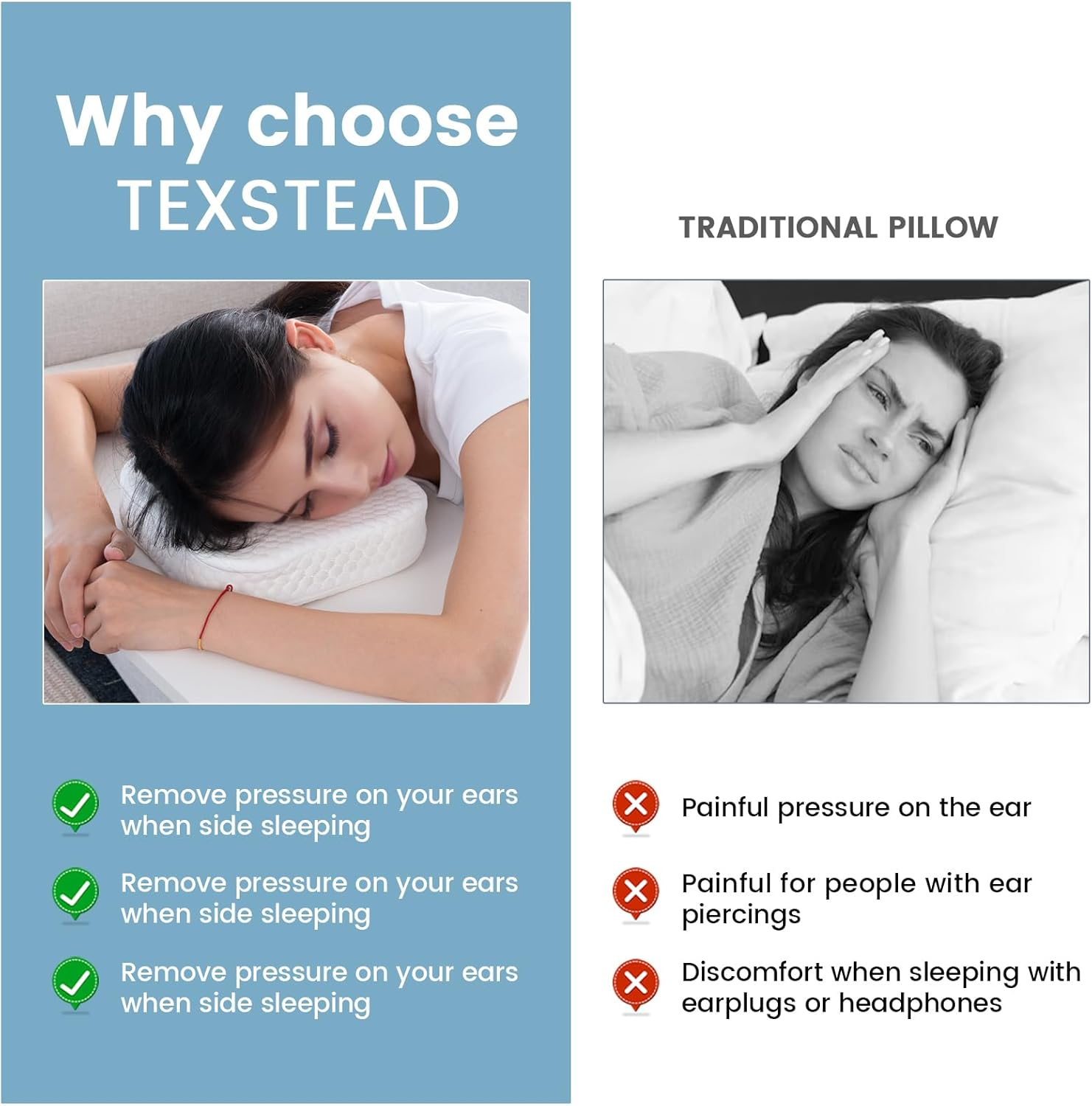 TEXSTEAD Ear Piercing Pillow for Side Sleepers, Memory Foam Pillow with an Ear Hole for CNH Ear Pain Ear Inflammation Pressure Sores, Square Ear Guard Sleeping Pillow - Dark Gray image number 7