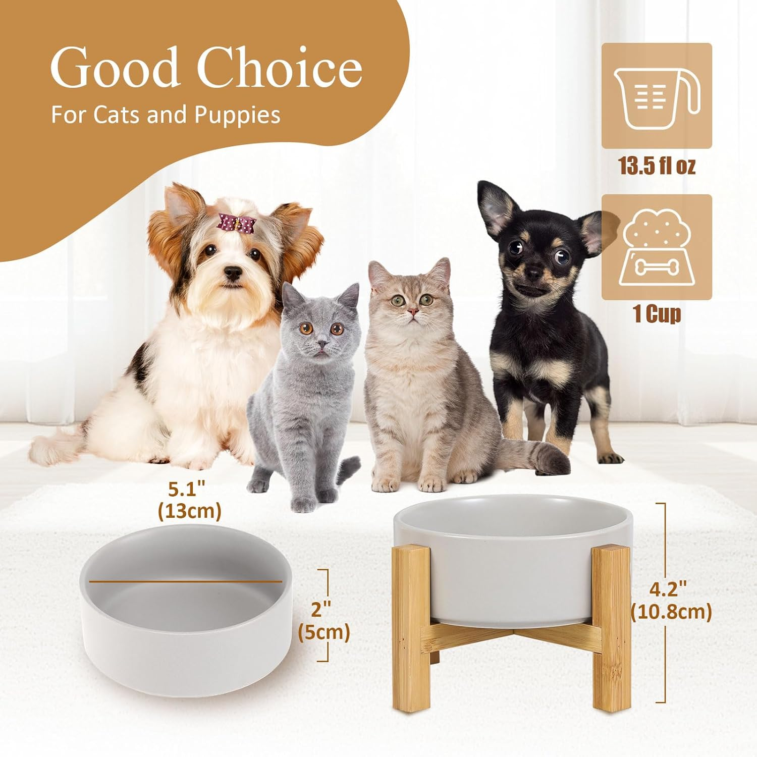 Ceramic Elevated Raised Cat Bowls - Cat Food Dish with Stand - Double Raised Cat Food and Water Bowls anti Vomiting - Pet Bowl with anti Slip Rubber Pad - Stress Free for Cats and Small Dogs -Set of 2 image number 4
