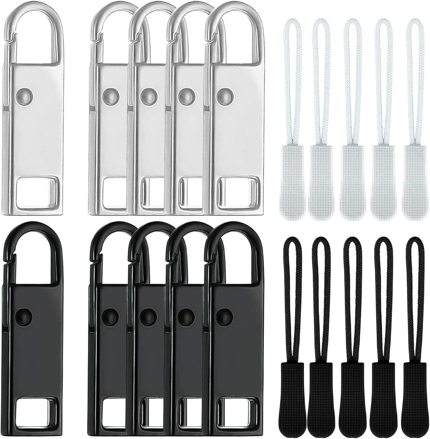 Zipper Pulls, 10 Pcs Zipper Pull Replacement, Zipper Pull Tab for Jacket, Coat, Bag,Boots, Suitcases (Silver, Black)