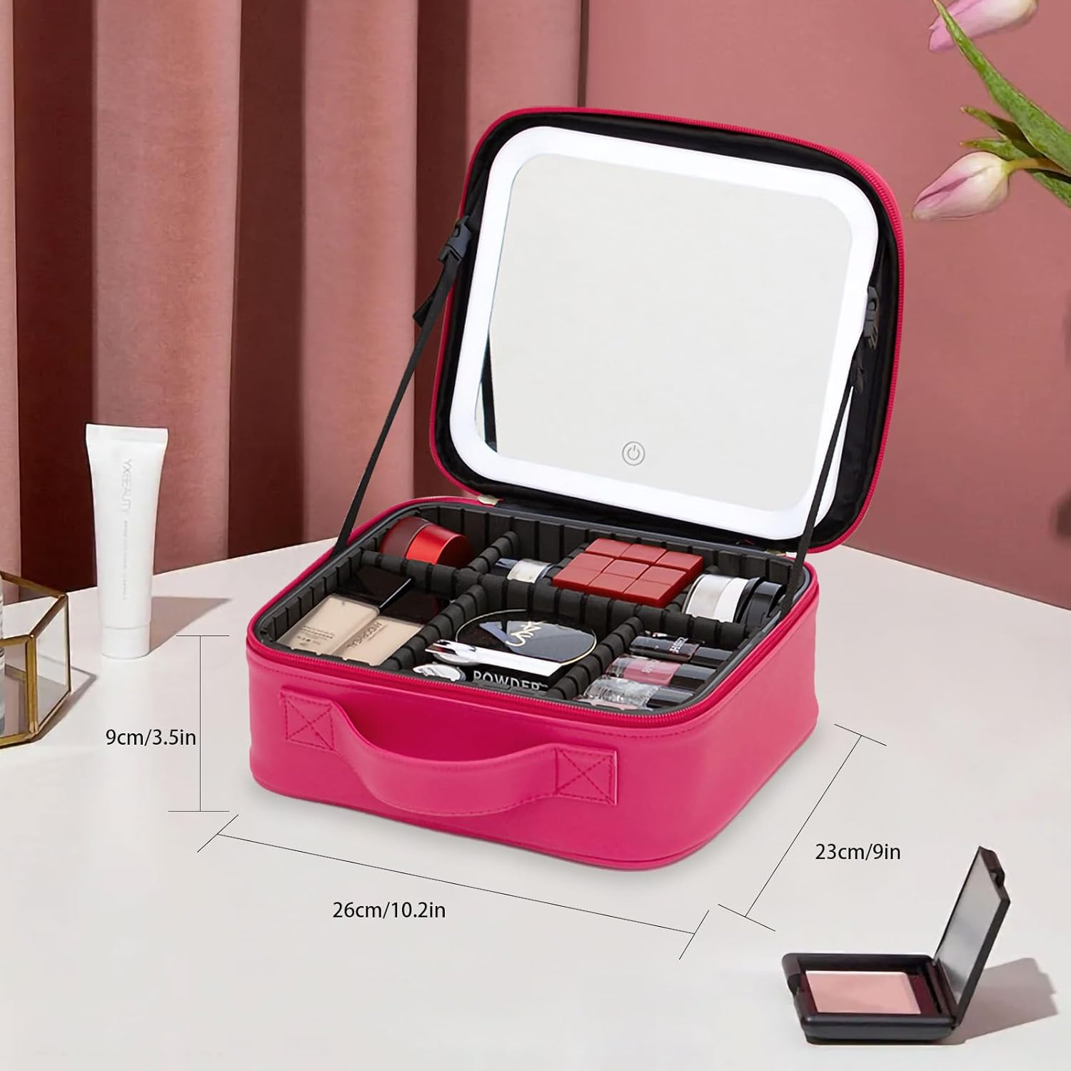 Travel Cosmetic Case with LED with Mirror 3 Color Adjustable, Waterproof Cosmetic Case Dresser Rechargeable, Travel Cosmetic Bag for Business Trip，Cosmetics Organizer. (Rose). image number 6