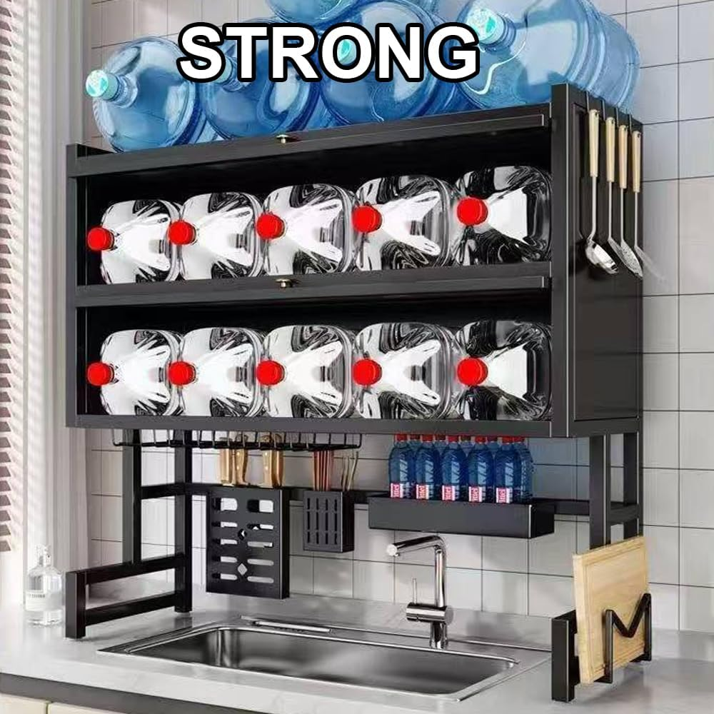 3-Tier Kitchen Drain Racks Dish Drying Fits over Sink. Saves Kitchen Space, Multi-Functional Dustproof Storage. Suitable for 50-100Cm Sinks. Includes 6 Hooks, Utensil Holder & Cutting Board Rack. image number 3