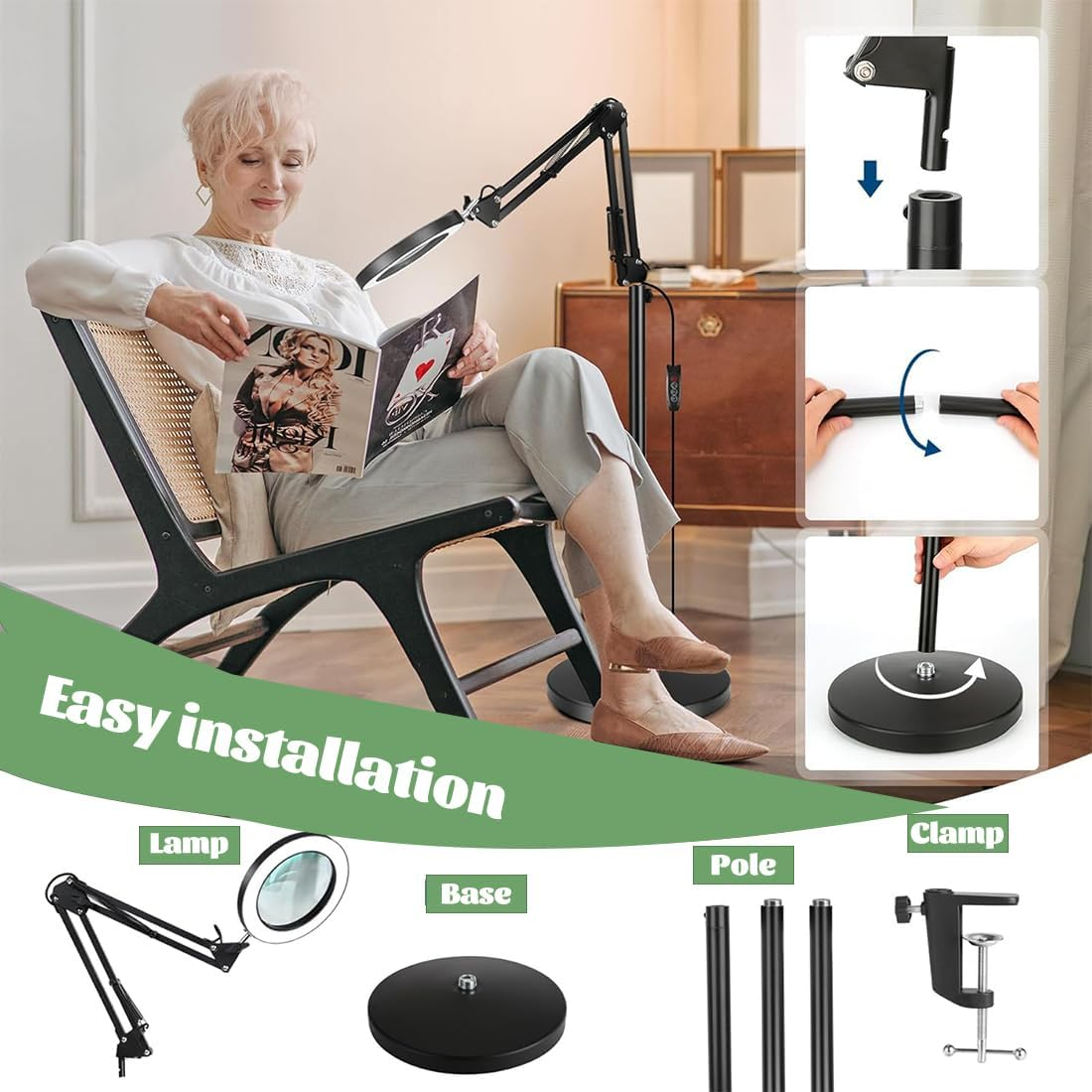 10X Magnifying Glass with Light and Stand, 3-In-1 Adjustable Swing Arm Magnifying Floor Lamp, Adjustable Color Temperature & Dimmable Lighted Magnifier Lamp with Clamp for Reading,Close Work image number 3