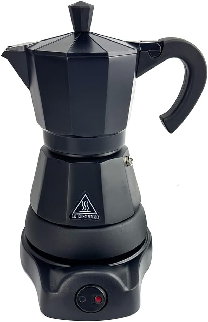 Mornest Aluminium Electric Moka Pot Coffee Maker, Electric Espresso Maker Auto Shutoff, Italian Classic, 360 Degree Rotating Base, 3/6 Cups (150/300Ml), Red/White/Black/Blue/Silver (Black, 6 Cups)