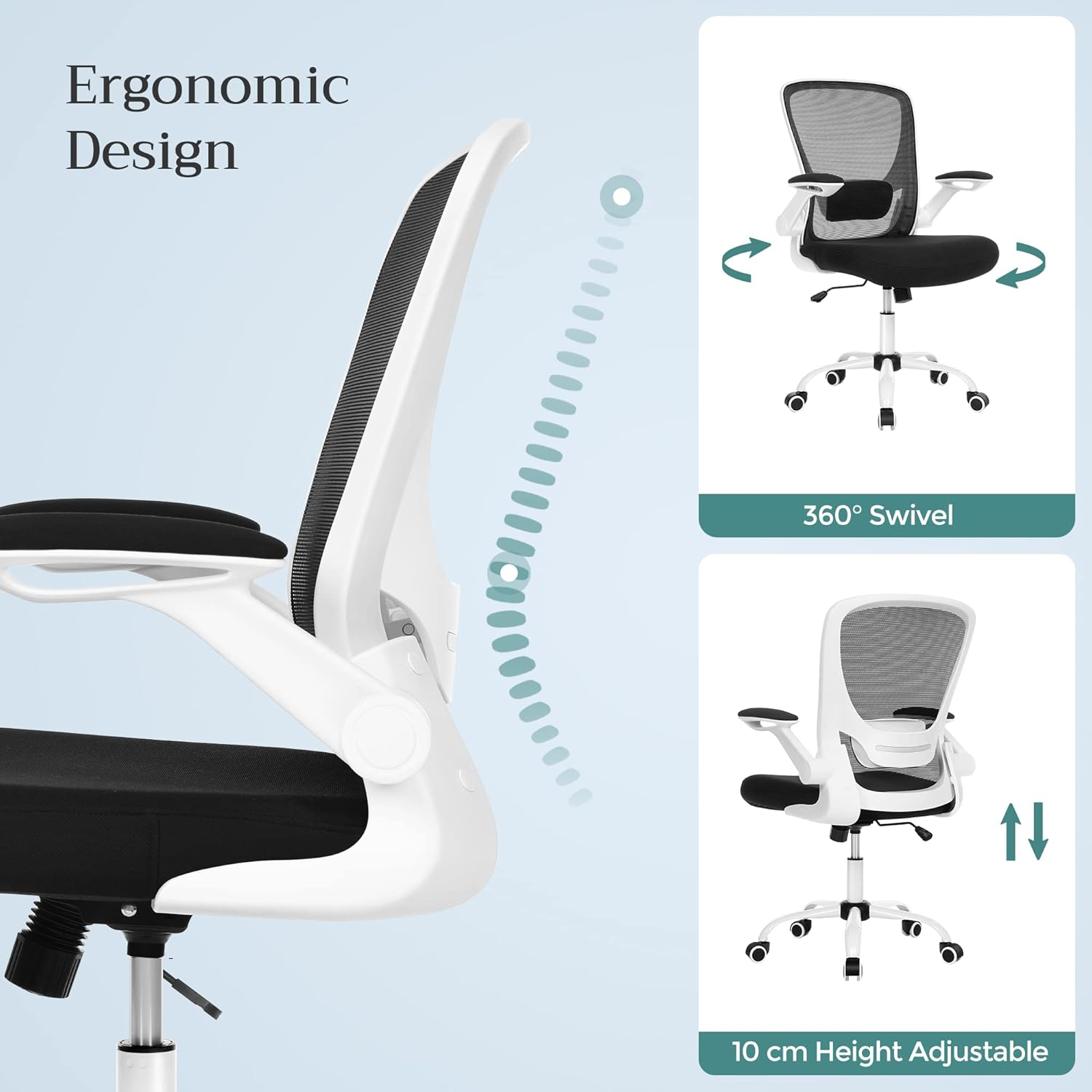 SONGMICS OBN37WT Office Chair, Swivel Chair with Mesh Covering, Ergonomic, Padded Lumbar Support, Rocker Function, 53 Cm Seat, Folding Armrests, Black and White image number 3