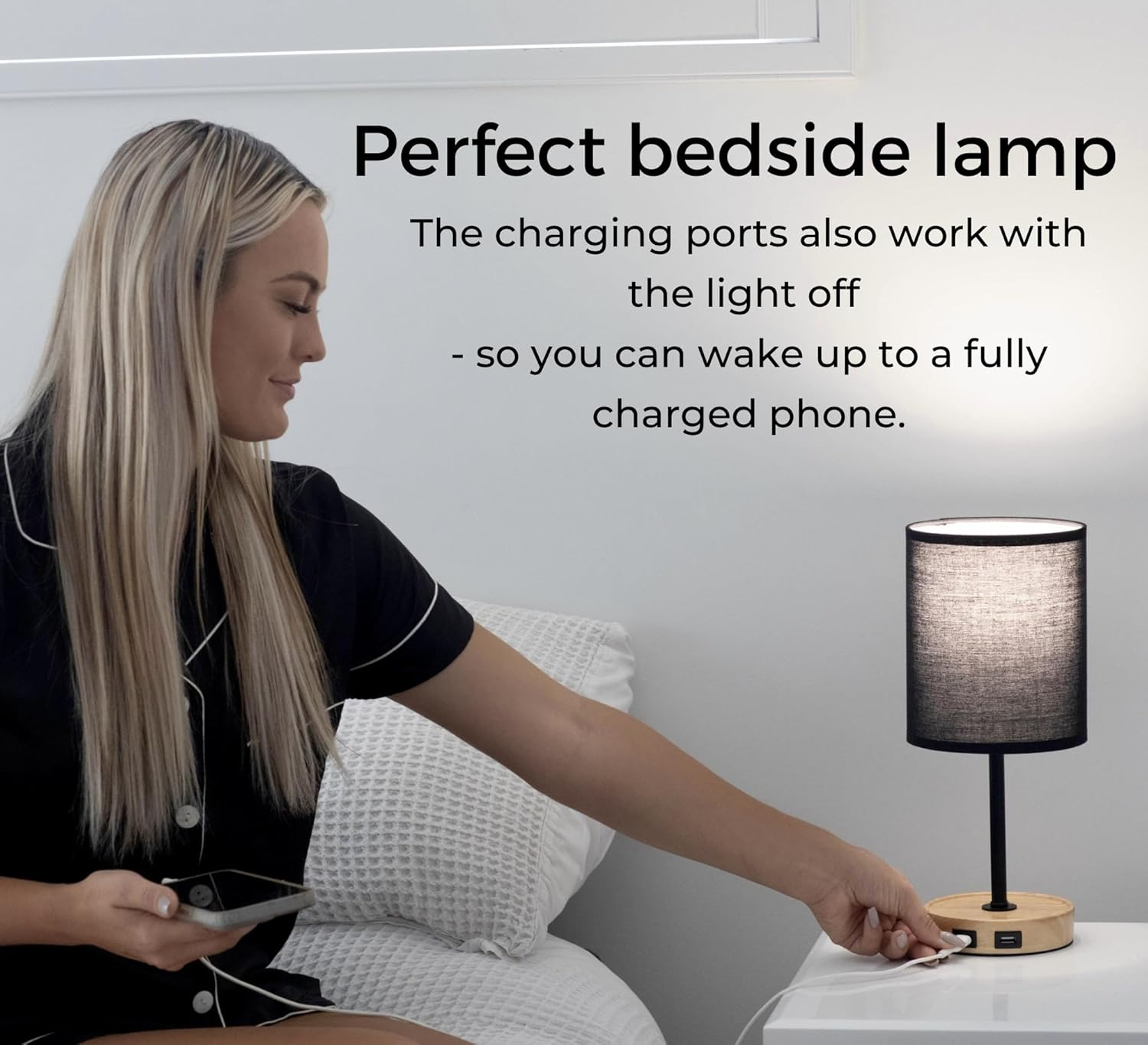 Bedside Lamp with 2 USB Ports and Touch Control. Modern Table Lamp, Desk Light. Wood Base and Fabric Shade for Living Room, Home Office, Bedroom, Hallway, Study and Kids Rooms (Black) image number 1